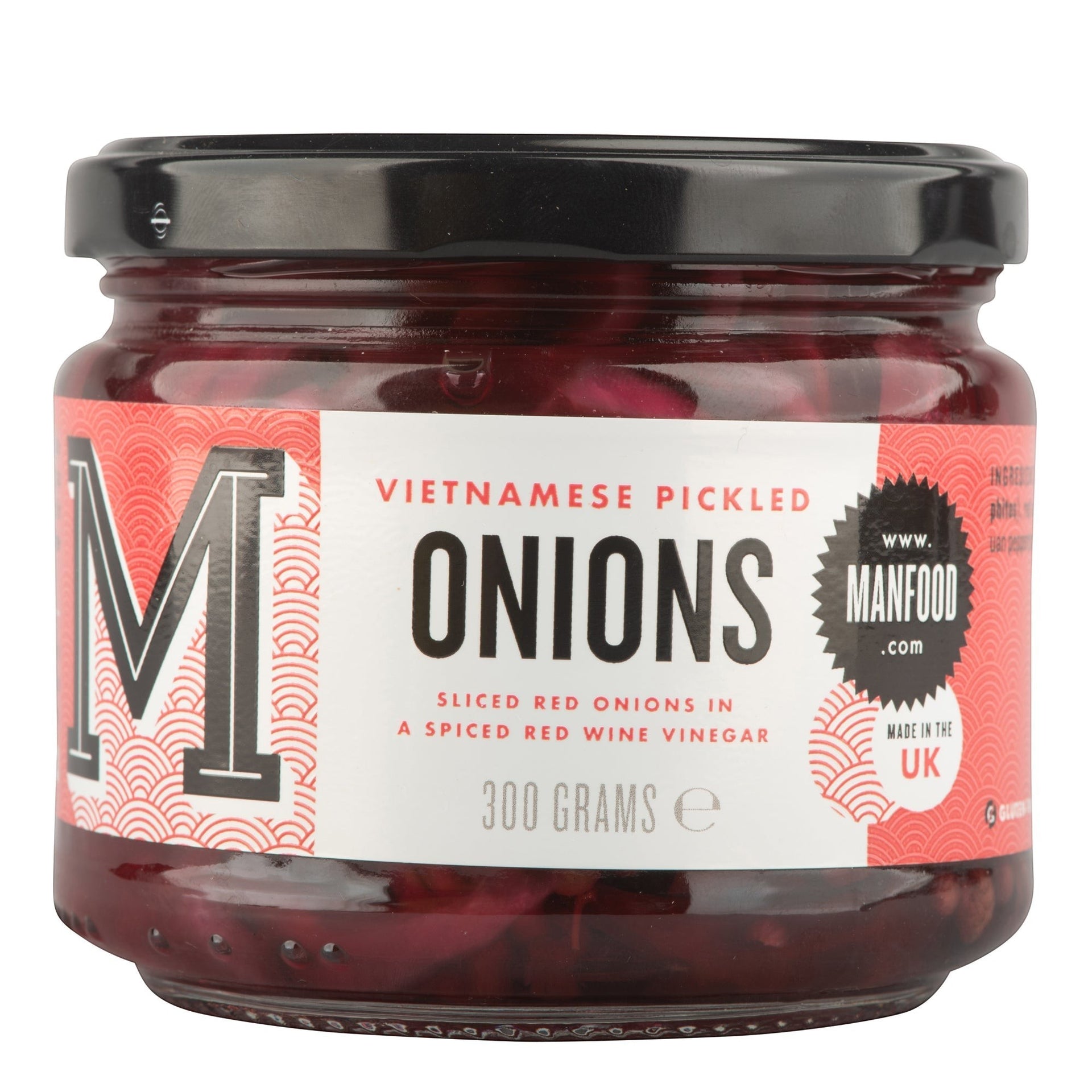 Manfood Cambs Vietnamese pickled red onions in a 300g glass jar with a black lid and red patterned label