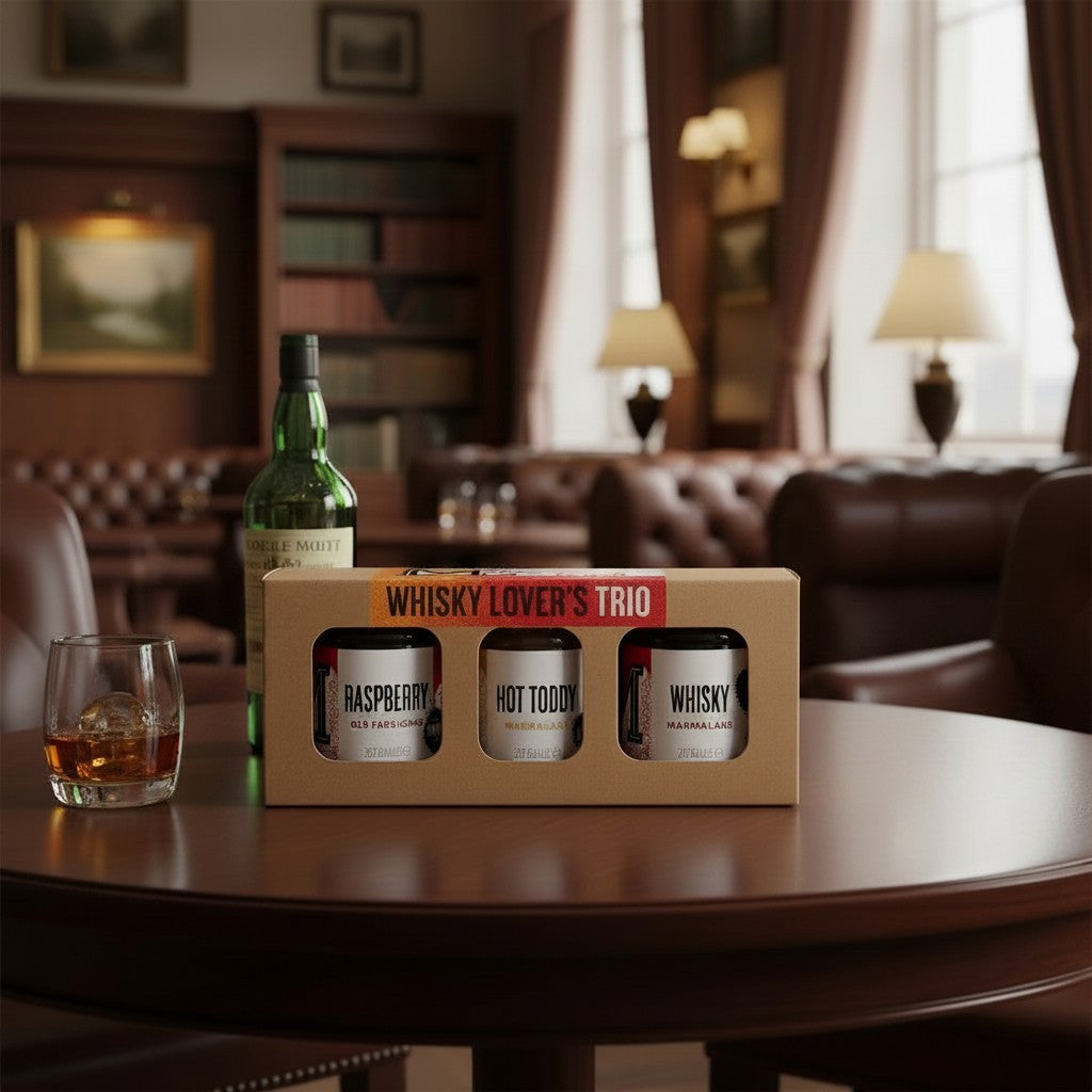 Manfood Cambs Whisky Lover's Trio gift set featuring three jars of whisky-infused jams and marmalades on a pub table.