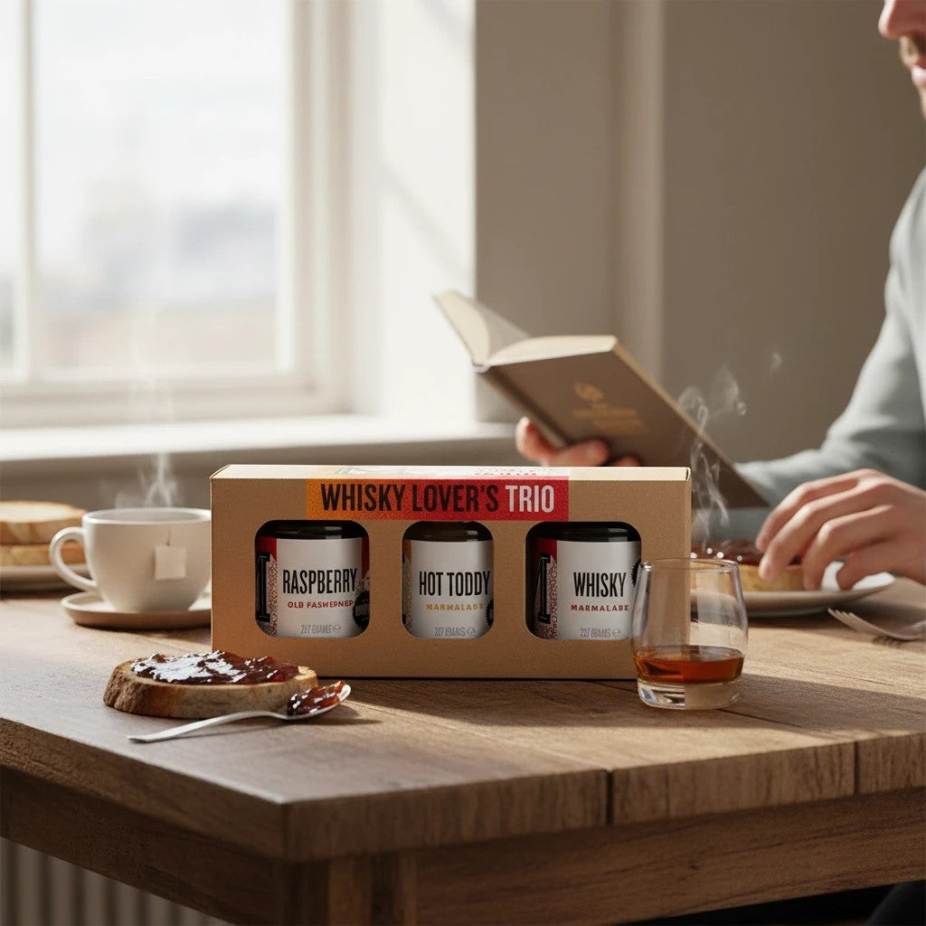 Manfood Cambs Whisky Lover's Trio set featuring three jars of whisky-infused jams and marmalades on a breakfast table.