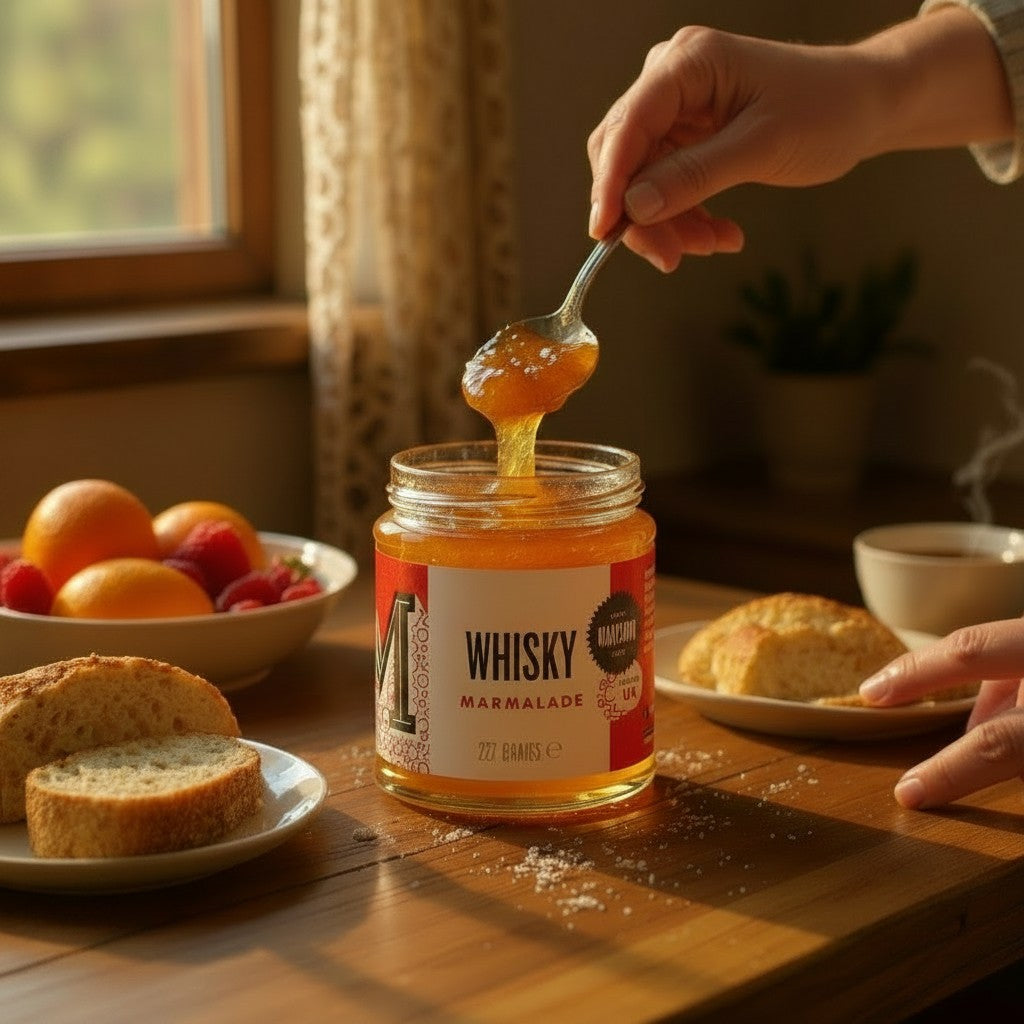 Manfood Cambs Whisky Marmalade in a glass jar with a spoon drizzling orange preserve over a breakfast table setting