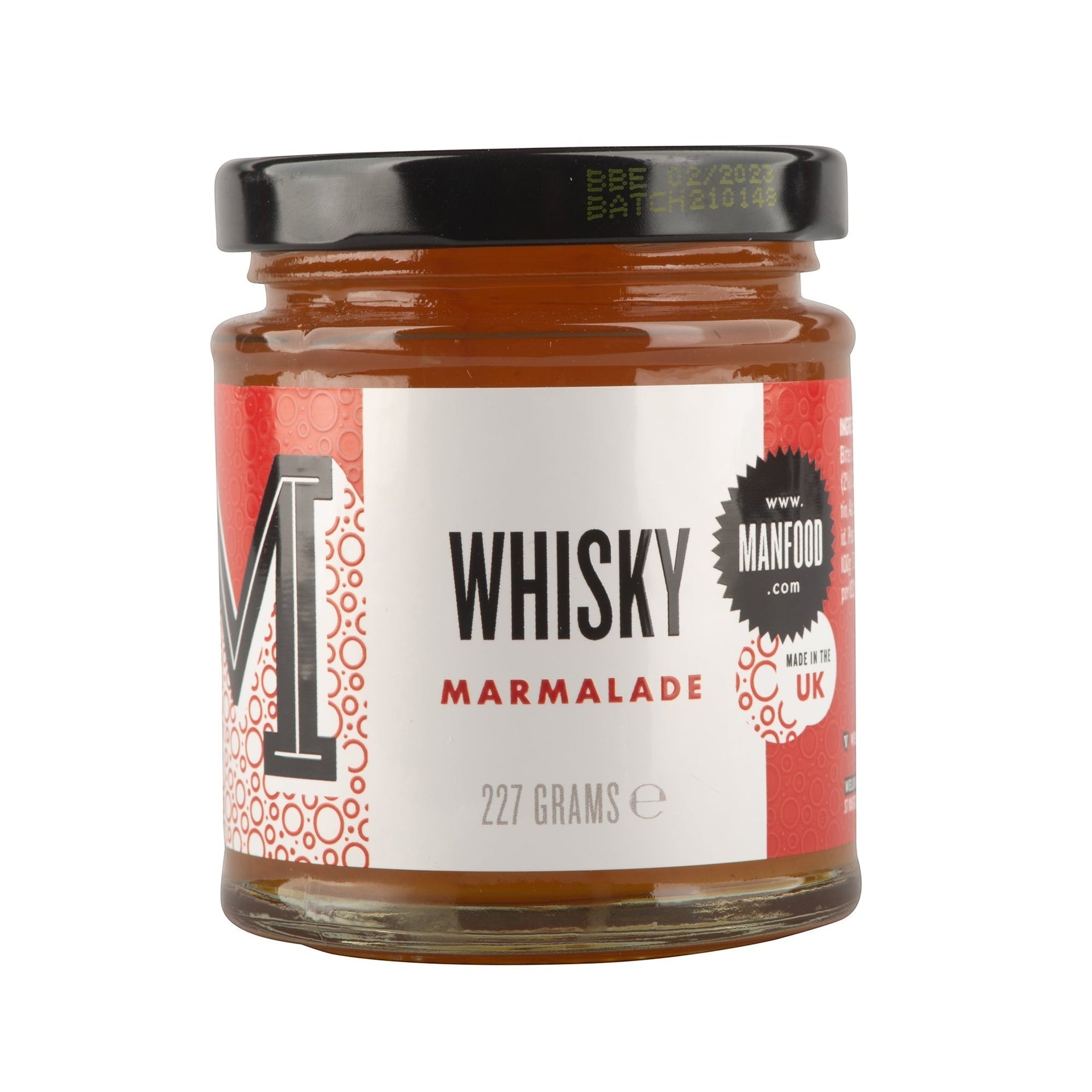 Manfood Cambs Whisky Marmalade in a 227g glass jar with a black lid, featuring a bold white and red label.