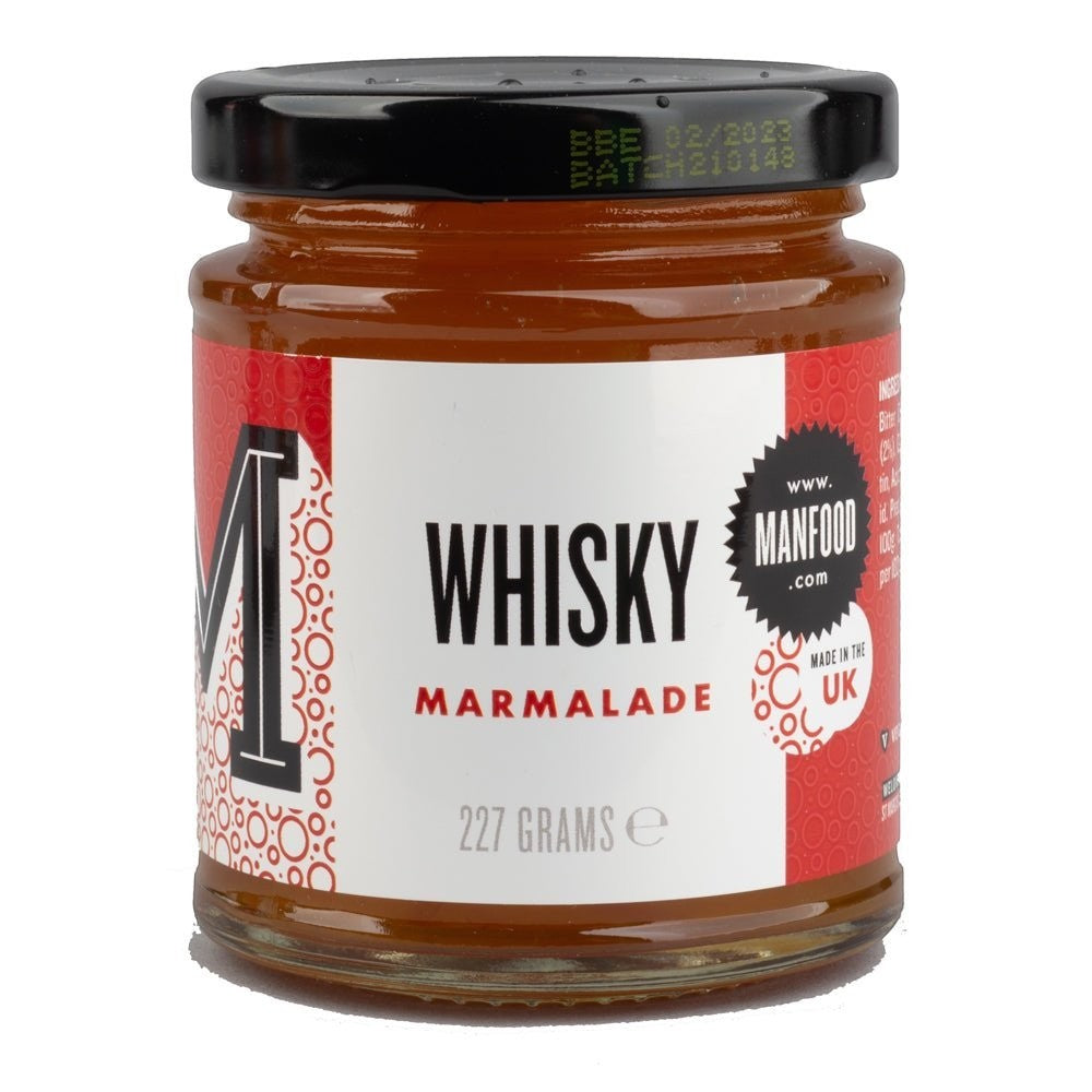 Manfood Cambs Whisky Marmalade in a 227g glass jar with a black lid and red and white label.