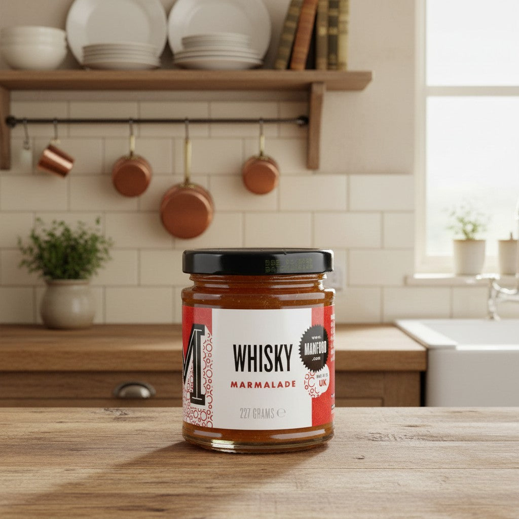 Manfood Cambs Whisky Marmalade in a 227g glass jar with a red and white label, displayed on a wooden kitchen counter.