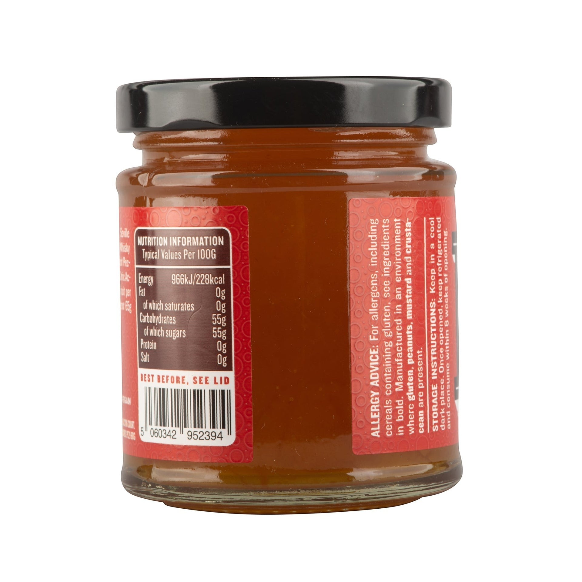 Manfood Cambs Whisky Marmalade jar showing the nutritional information label and ingredients on a red background