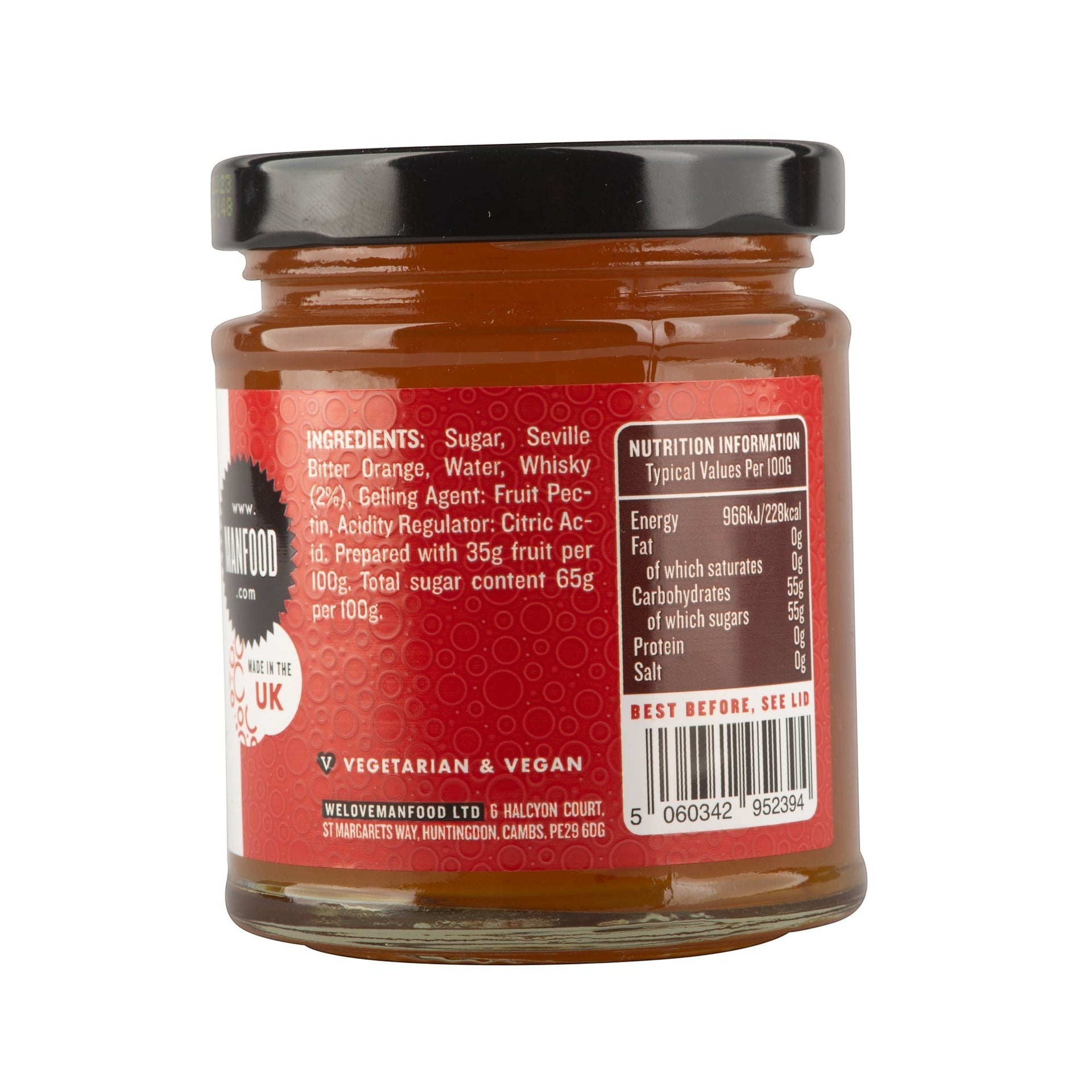 Manfood Cambs Whisky Marmalade jar showing nutritional information and ingredients label on a red background