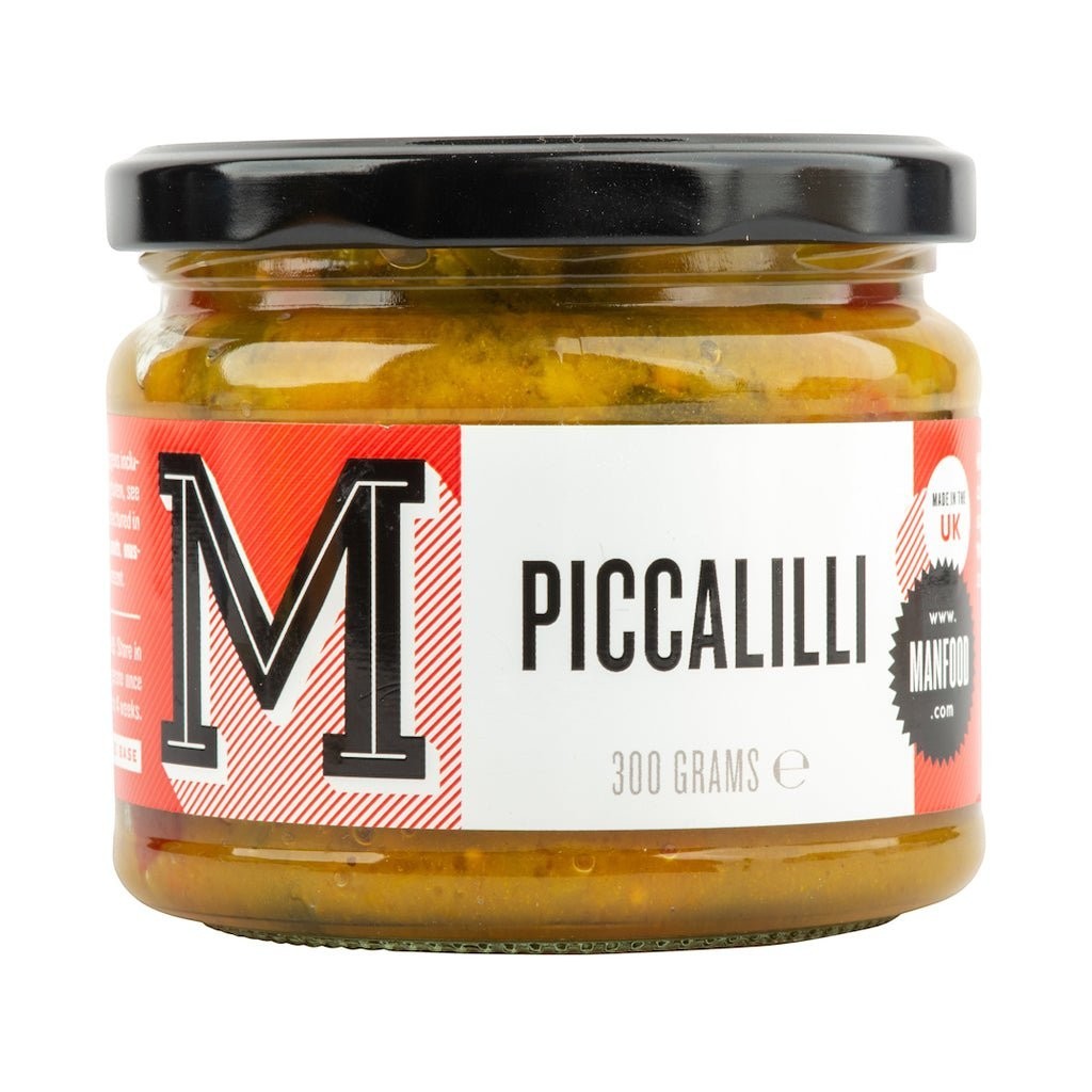 Manfood chunky piccalilli in a 300g glass jar with a red and white label, featuring a mustard-based vegetable mix.