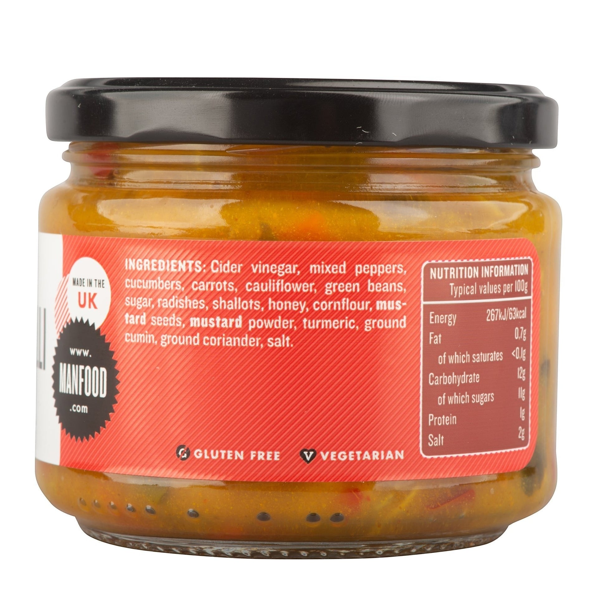Manfood chunky piccalilli in a glass jar with a red label showing ingredients and nutritional information.
