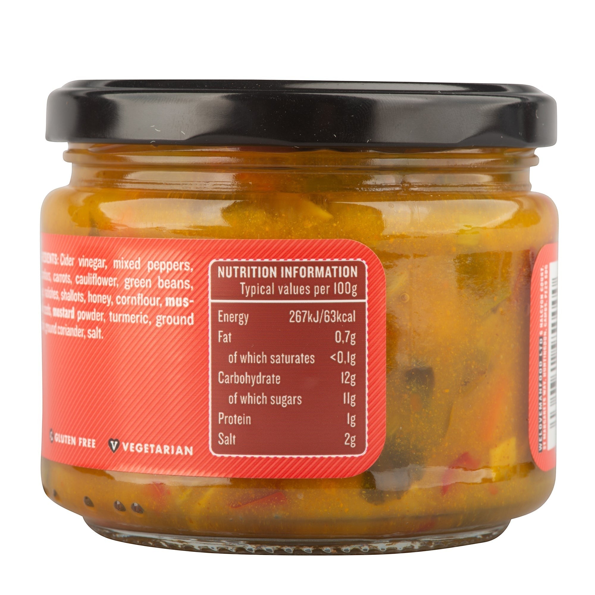 Manfood chunky piccalilli in a glass jar with a black lid, showing nutritional information and ingredients label.