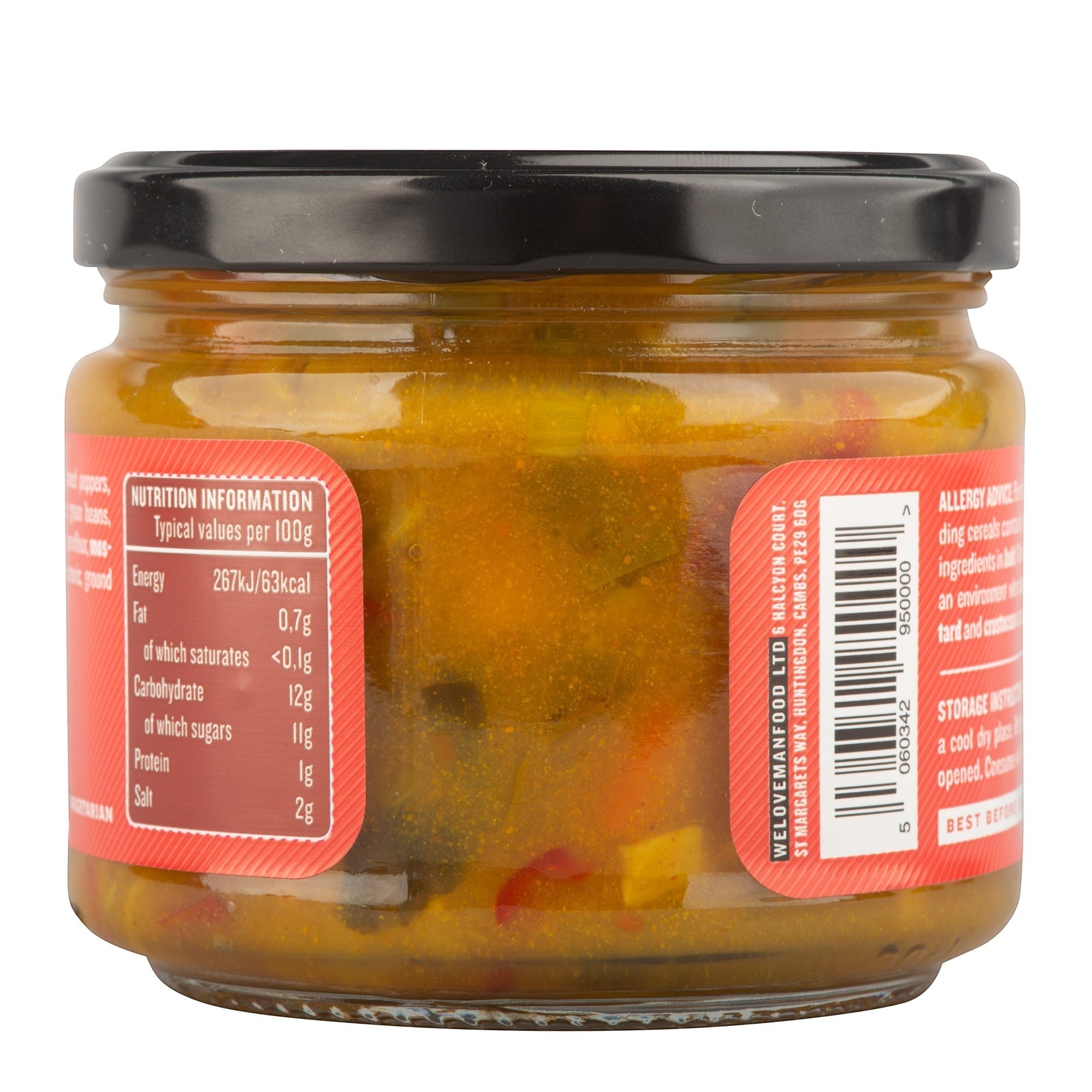 Manfood chunky piccalilli in a glass jar with a black lid, showing nutritional label and vegetable pieces.