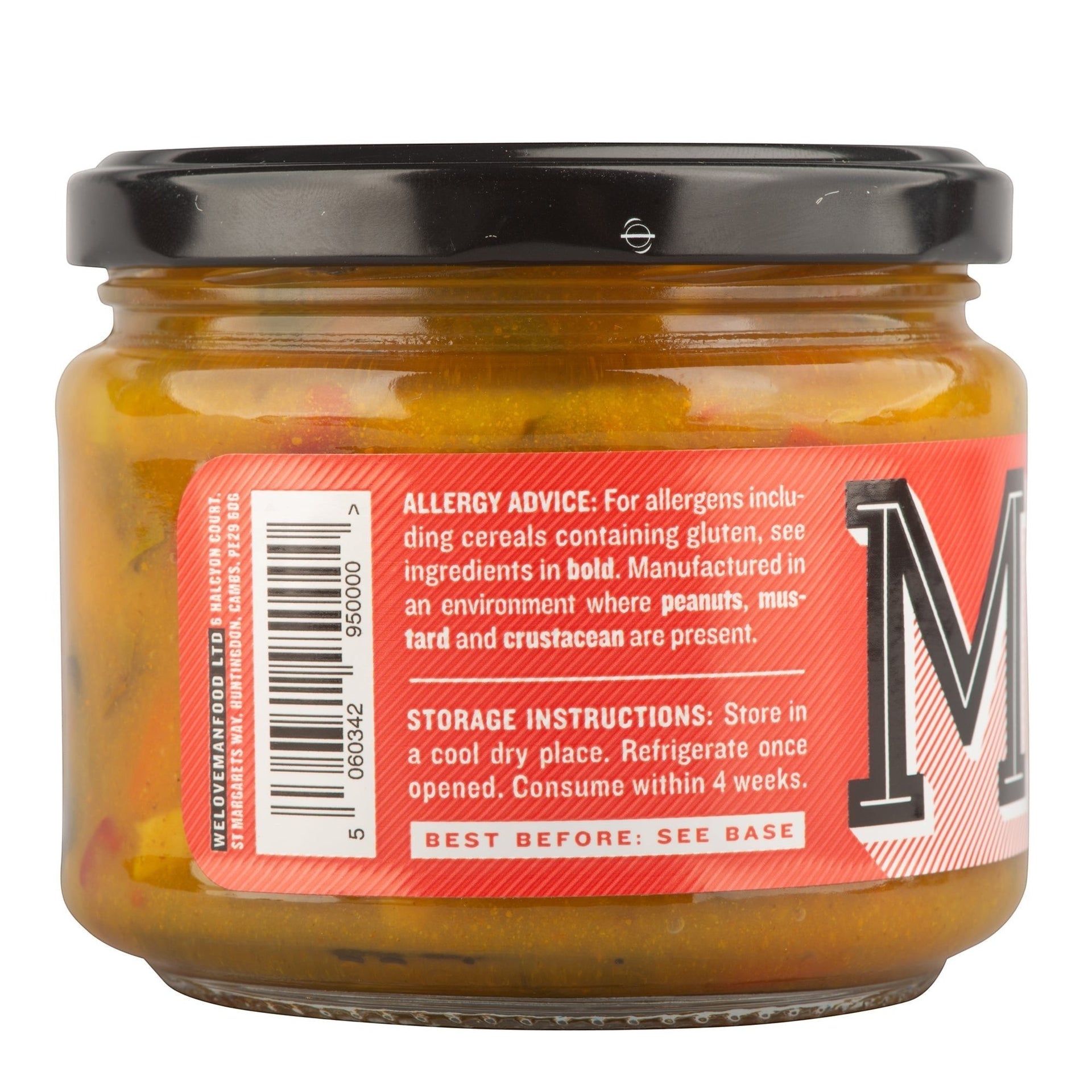 Manfood chunky piccalilli in a glass jar with a red label, featuring visible garden vegetables in mustard sauce.