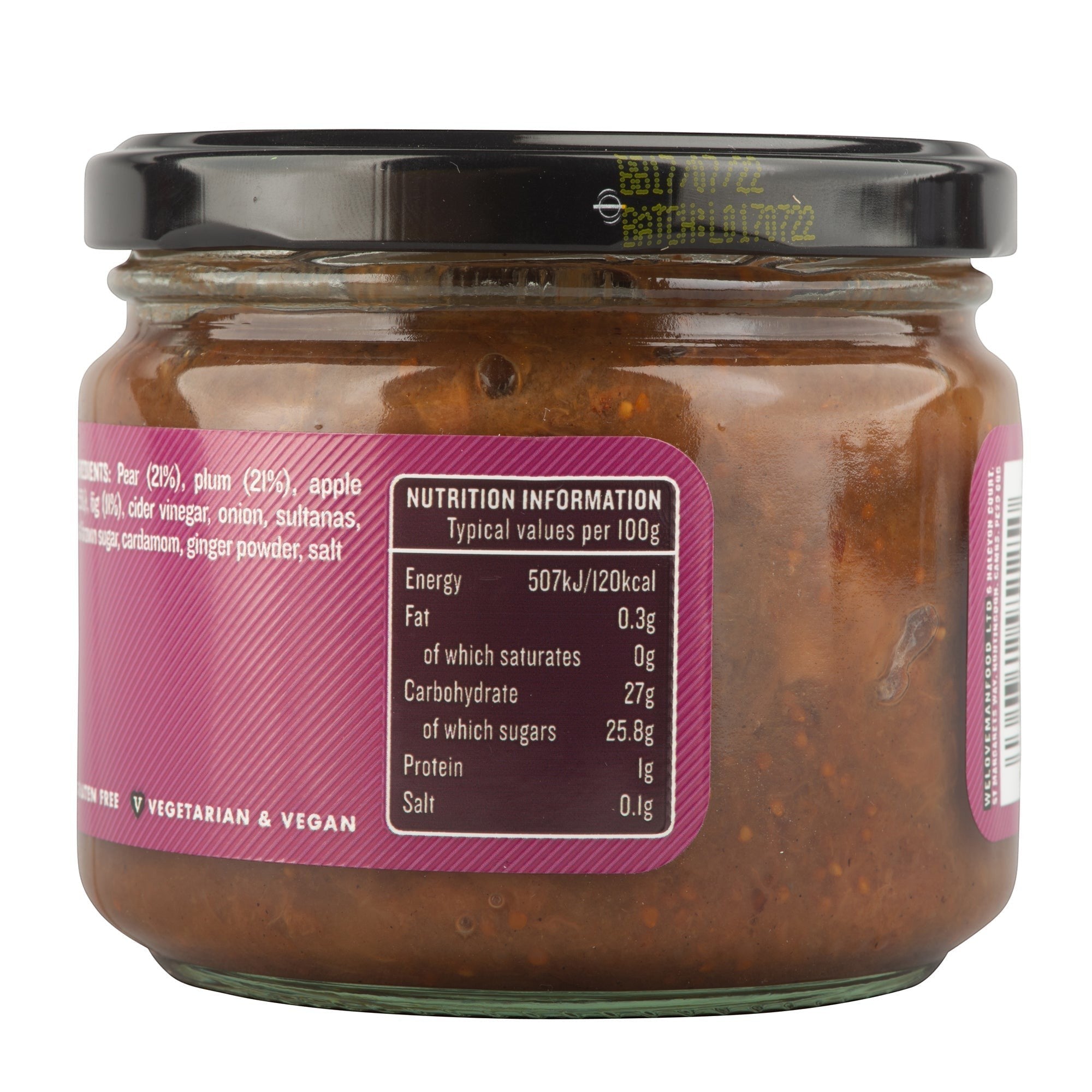 Manfood pear apple fig and plum chutney in a glass jar showing nutritional information label