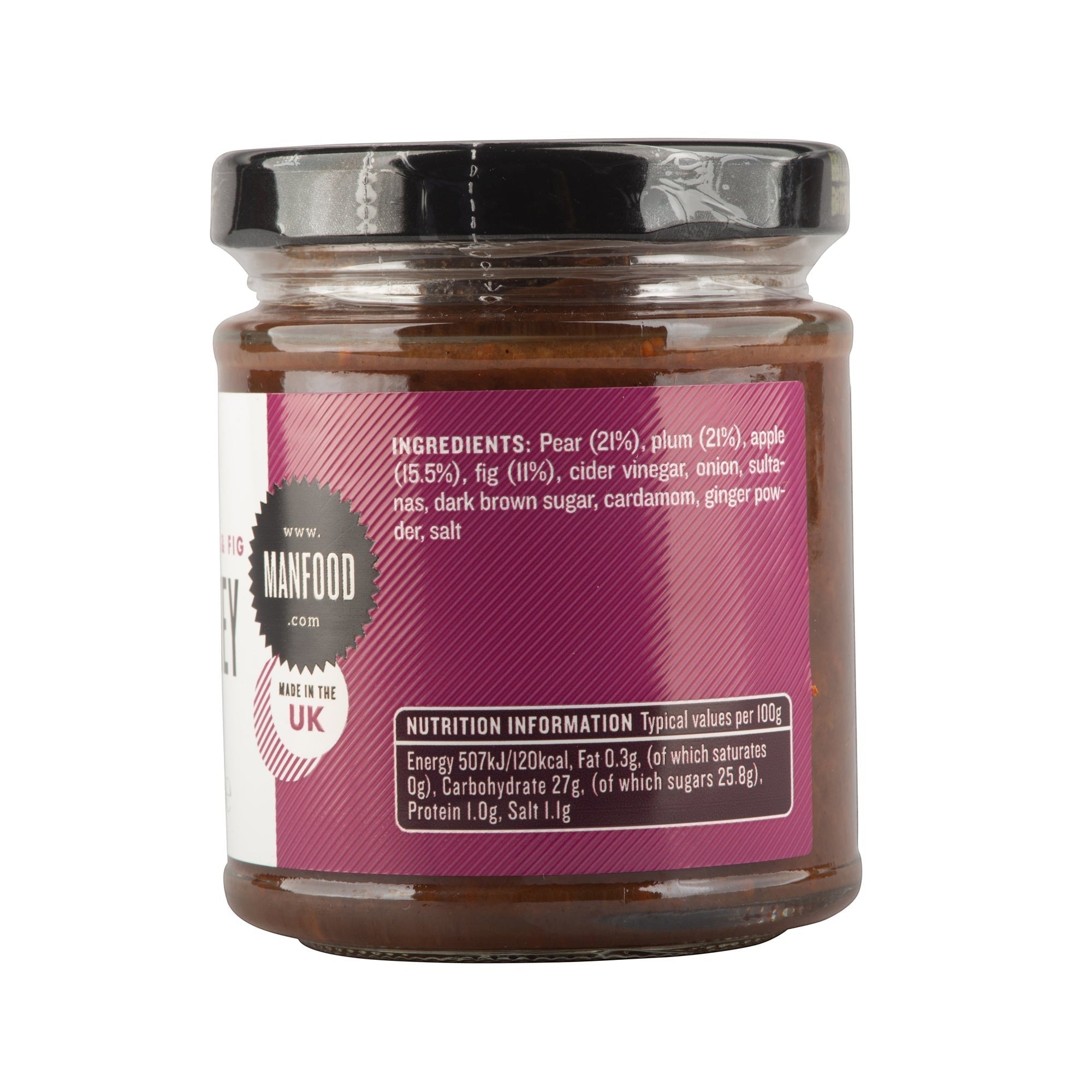 Manfood pear apple fig and plum chutney jar with nutritional information and ingredients label