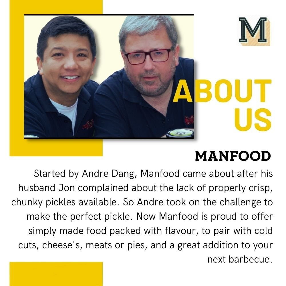 Manfood founders Andre Dang and Jon smiling in an about us graphic for their artisanal chutney brand