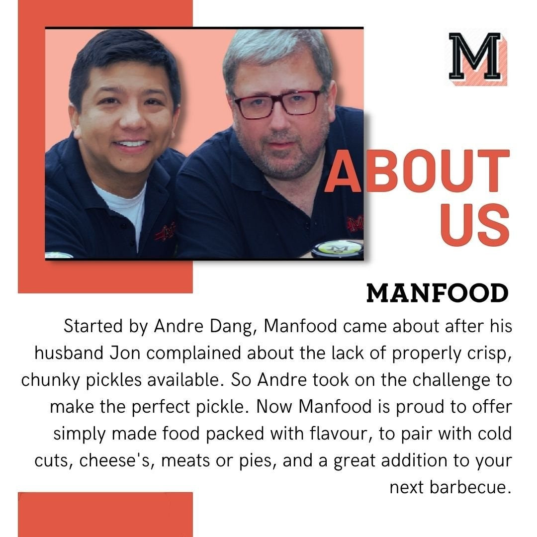 Manfood founders Andre and Jon featured in an about us graphic for their artisanal food brand
