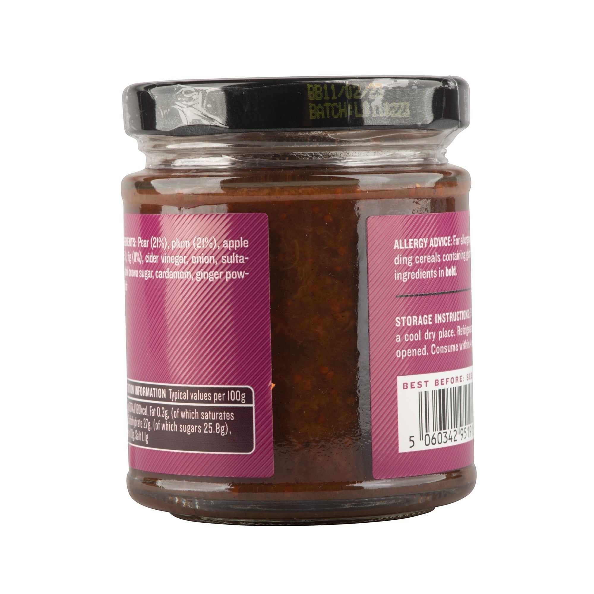 Manfood pear apple fig and plum chutney in a glass jar with nutritional information label