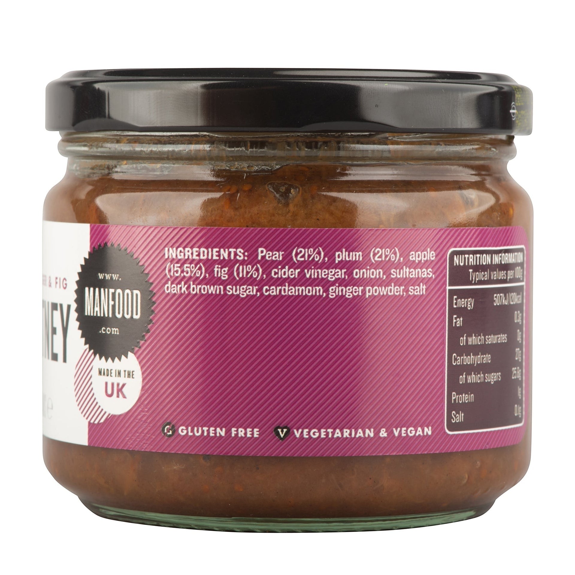 Manfood Cambs small-batch vegan pear, apple, fig, and plum chutney in a glass jar with nutritional label