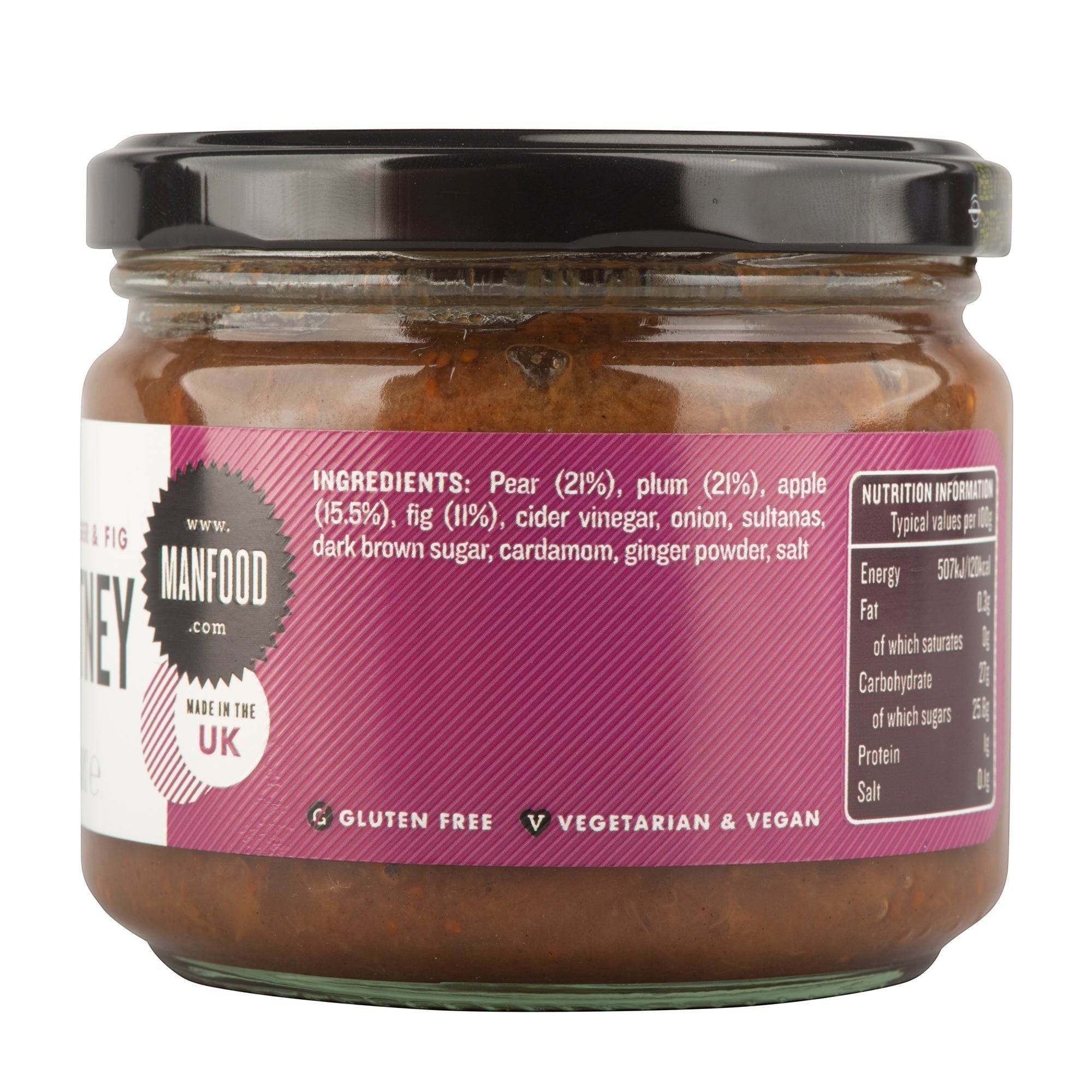 Manfood Cambs small-batch vegan pear, apple, fig, and plum chutney in a glass jar with nutritional label