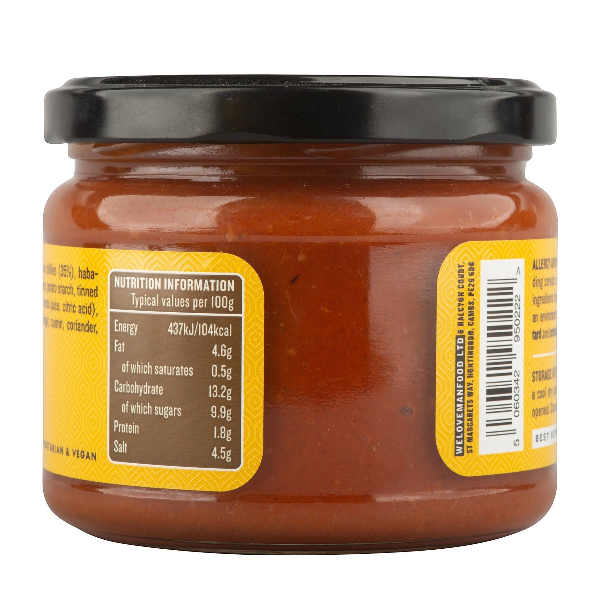 Manfood hot chilli sauce in a glass jar with a black lid, showing nutritional information on the label.