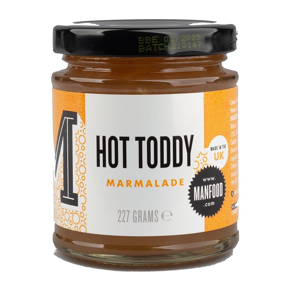 Manfood Cambs Hot Toddy Marmalade in a 227g glass jar with lemon, whisky, honey, and ginger flavouring.