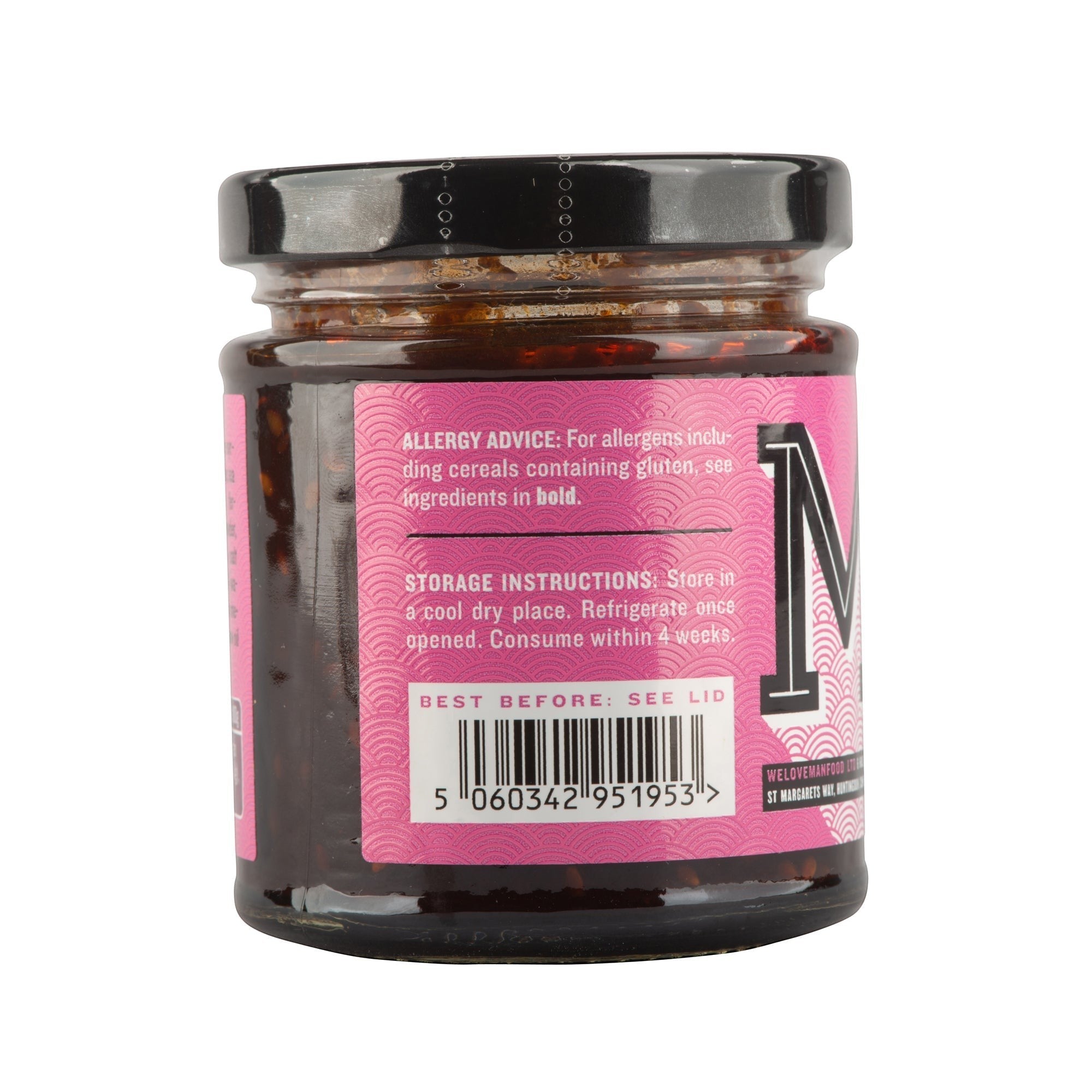 Manfood Korean Barbecue Sauce in a 190g glass jar with a pink label showing allergy and storage information.