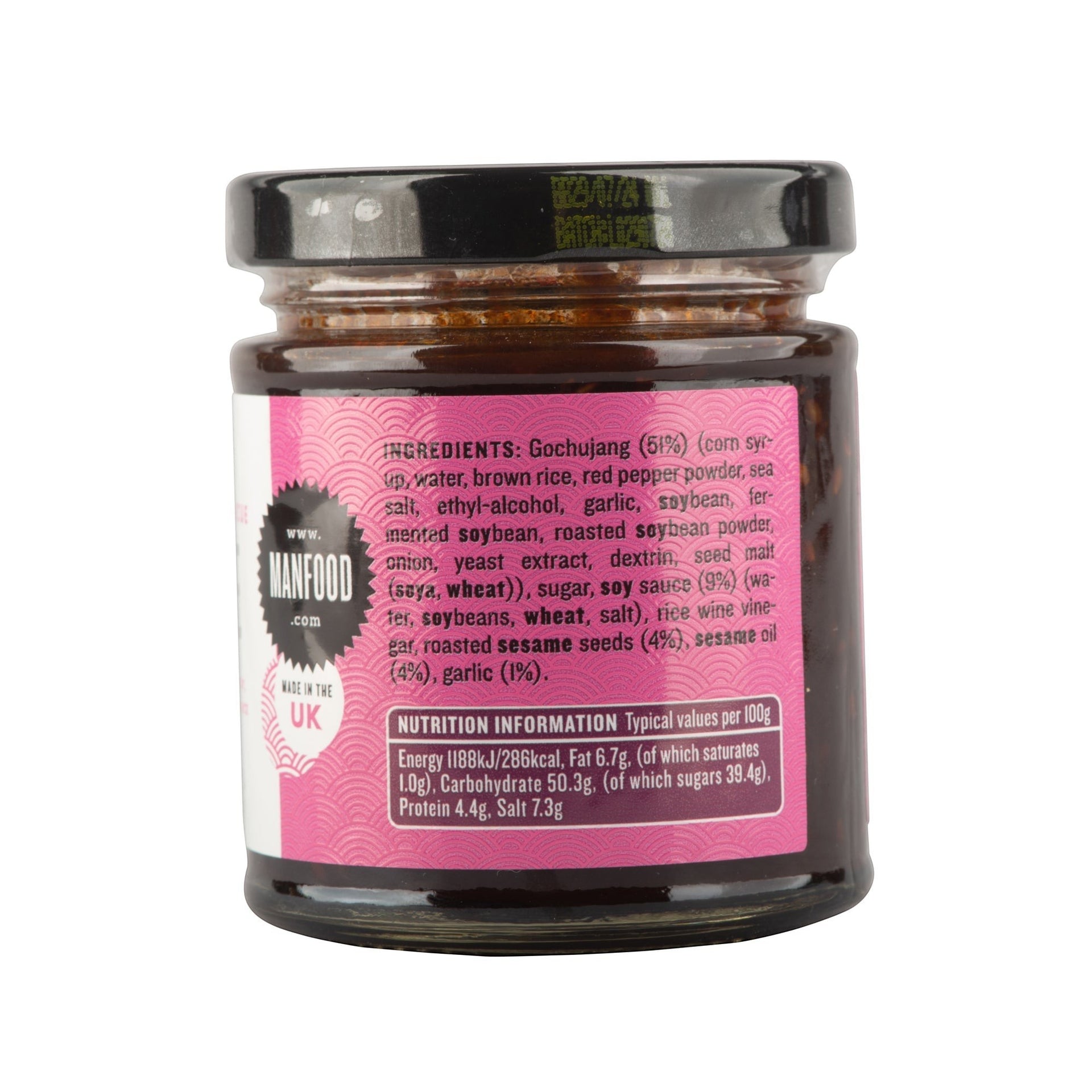 Manfood Korean Barbecue Sauce jar showing ingredients and nutritional information on a pink label
