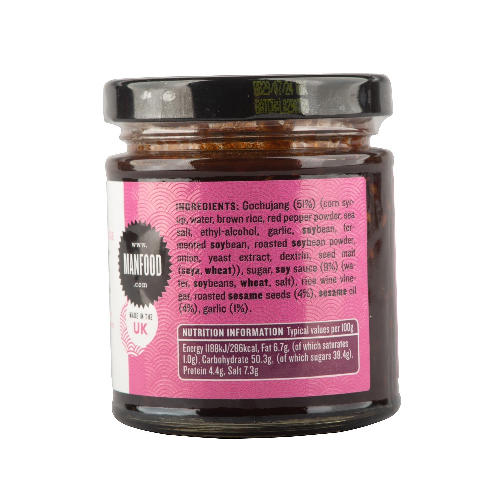 Manfood Korean Barbecue Sauce jar showing ingredients and nutritional information on a pink label