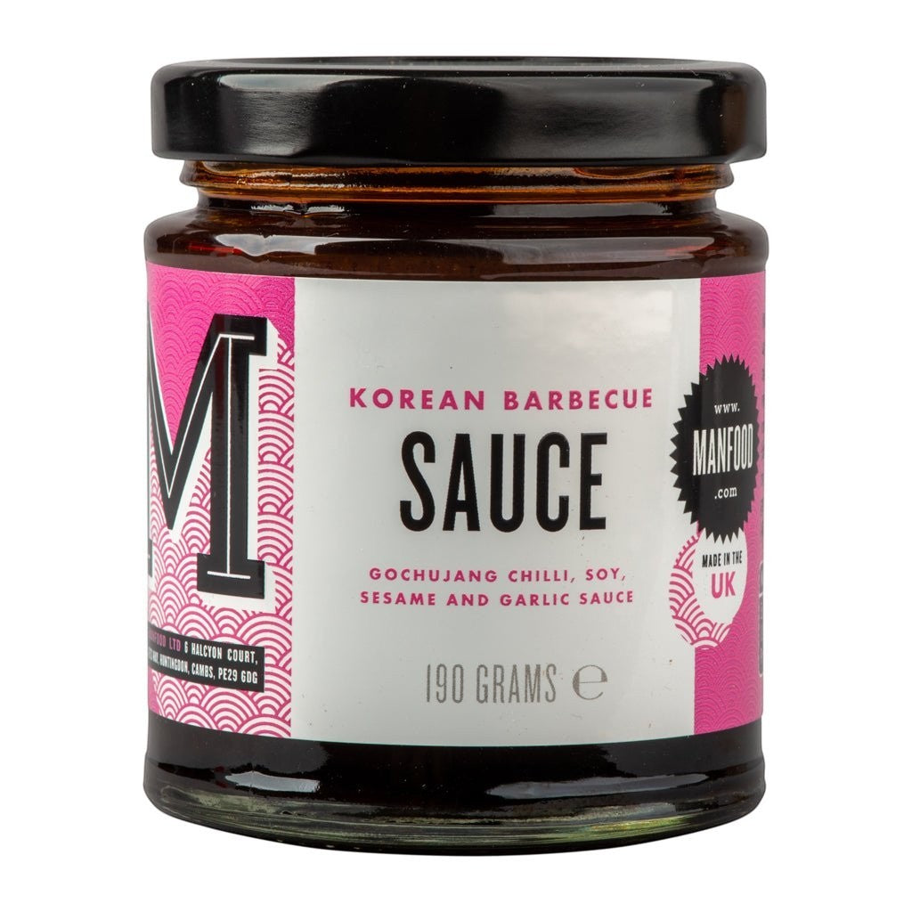Manfood Cambs Korean Barbecue Sauce in a 190g glass jar with a pink and white label featuring gochujang and garlic.