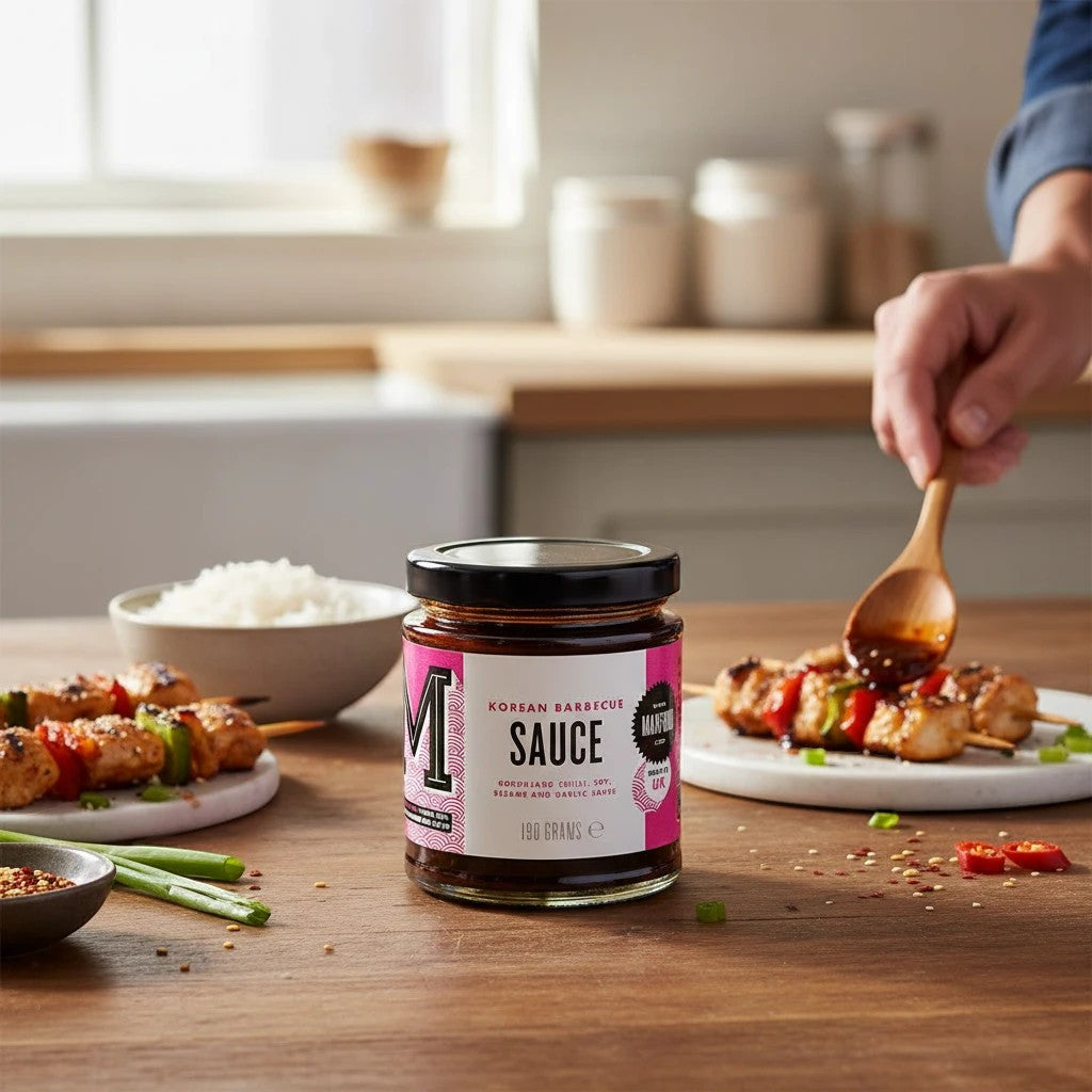 Manfood Cambs Korean Barbecue Sauce jar on a wooden table with grilled meat skewers and a wooden spoon