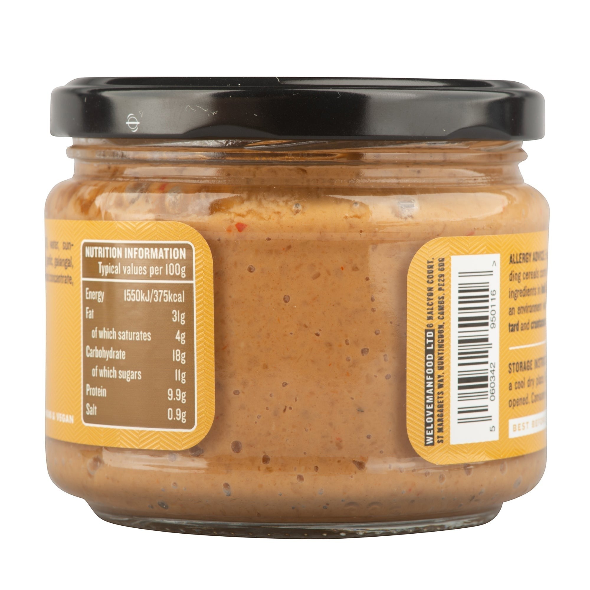 Manfood Peanut Satay Sauce in a glass jar with nutritional information label visible on the side