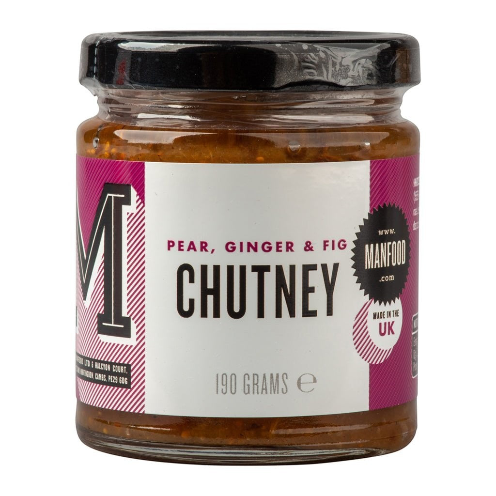 Manfood pear, ginger, and fig chutney in a glass jar with a black lid, featuring a purple and white label.