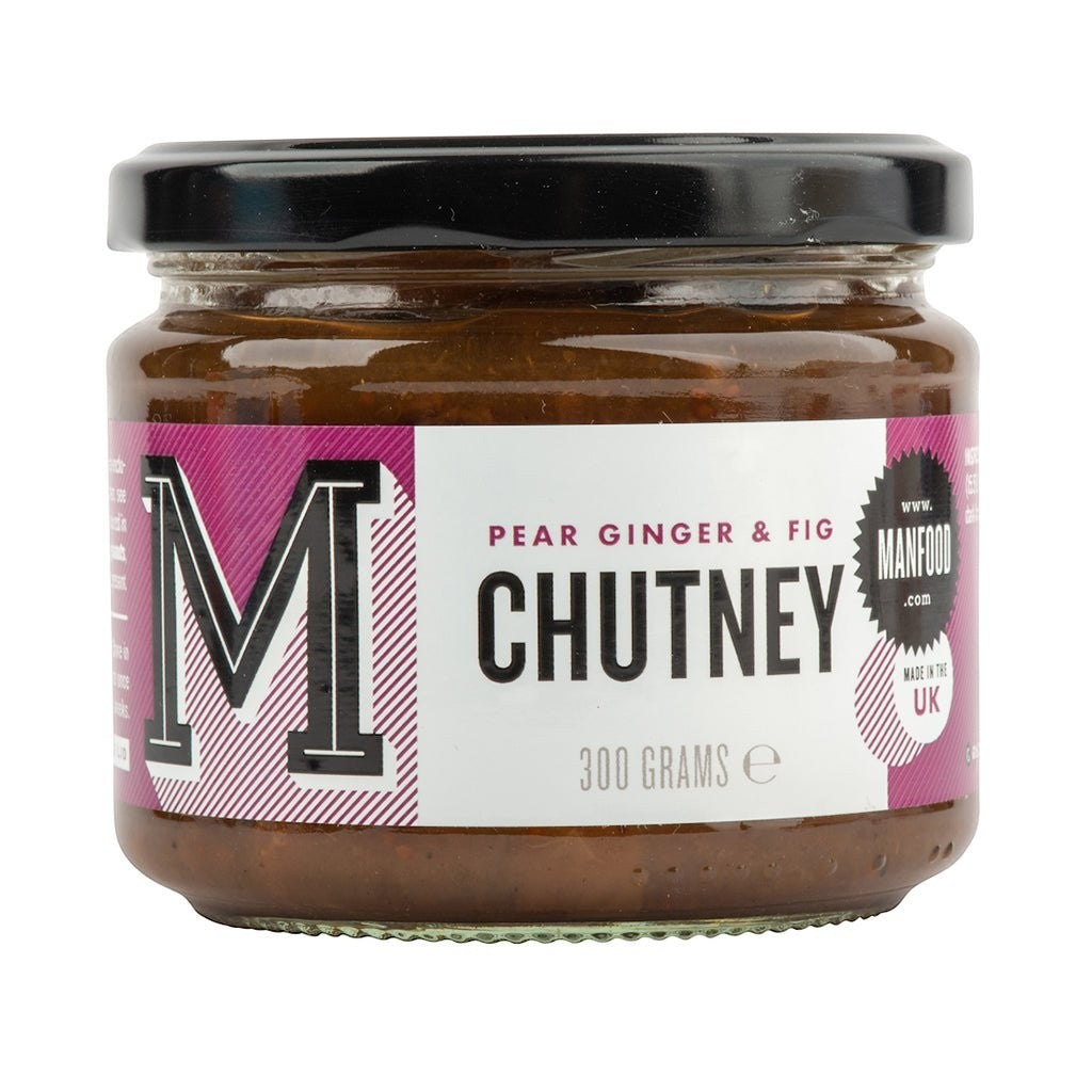 Manfood pear ginger and fig chutney in a glass jar with a white and purple label, made in the UK.