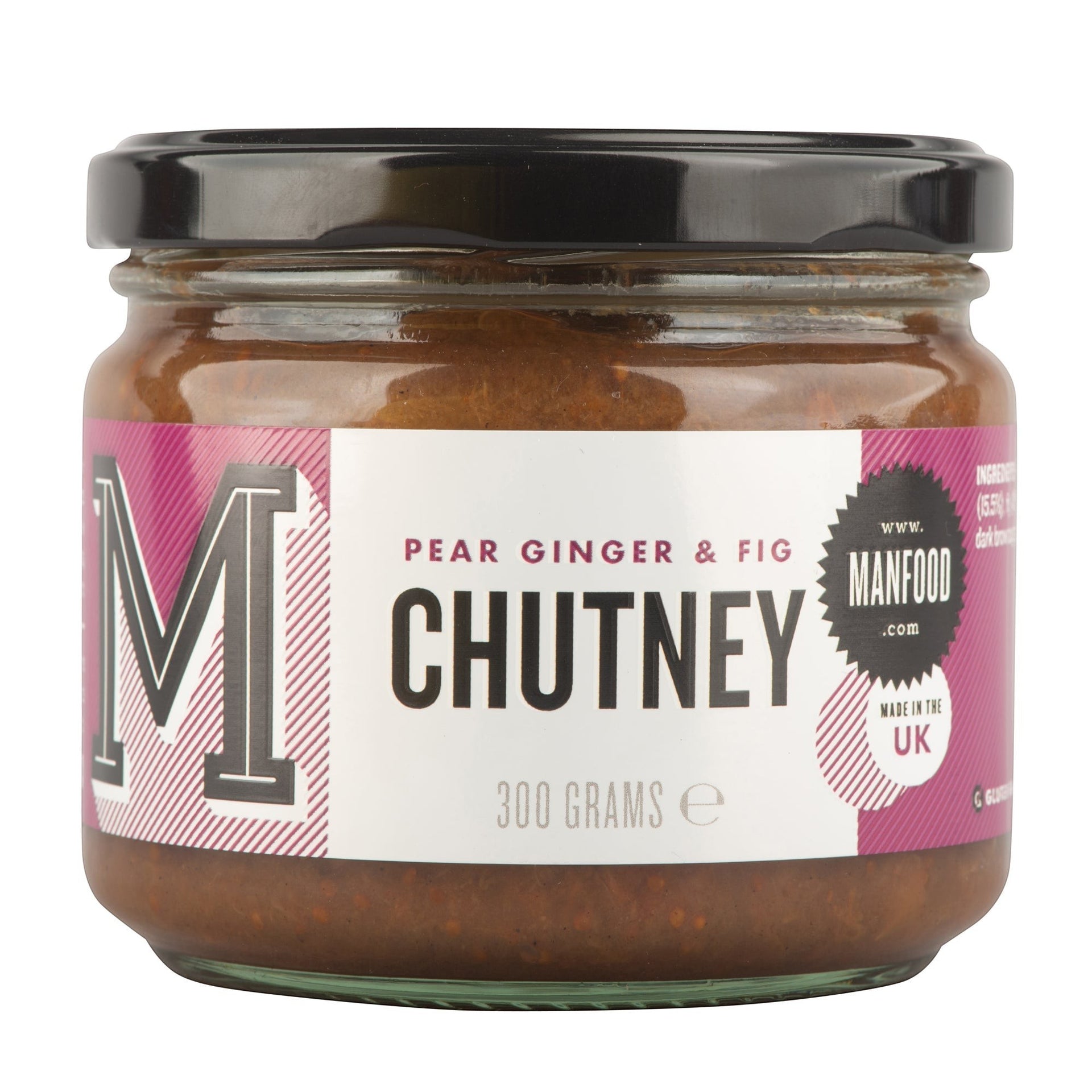 Manfood Pear Ginger & Fig Chutney in a 300g glass jar with a black lid and bold pink and white label.