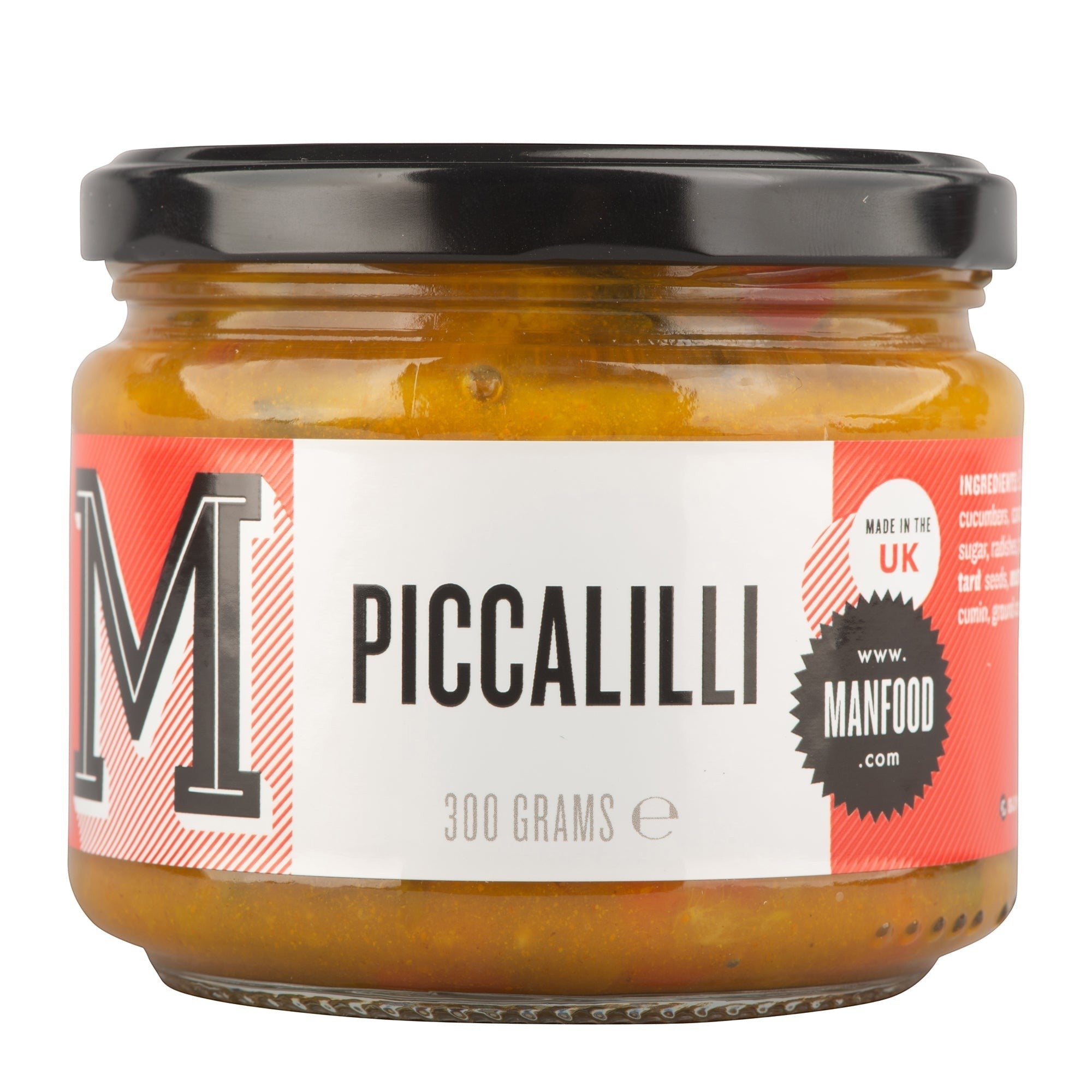 Manfood Piccalilli jar featuring a bold yellow vegetable pickle blend in a 300g glass container