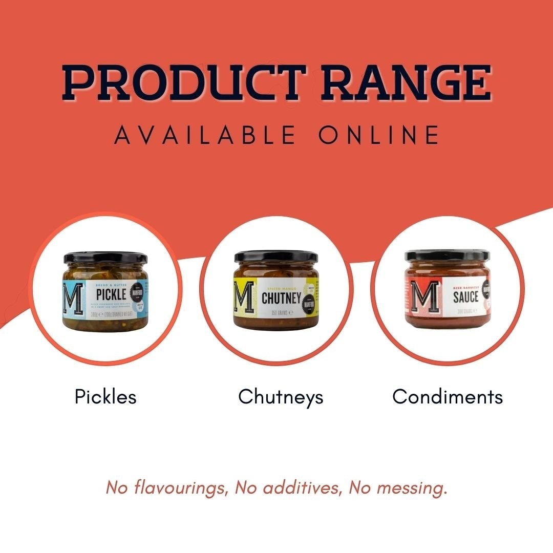 Manfood product range featuring jars of pickle, chutney, and beer barbecue sauce on a red background
