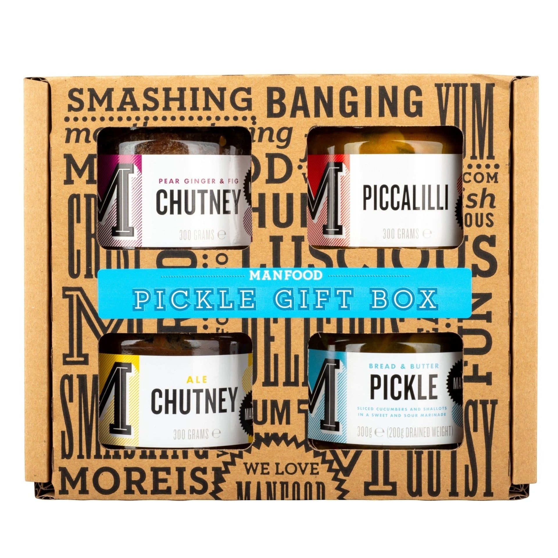 Manfood pickle gift box containing four jars of artisanal chutneys and pickles in a branded cardboard box.