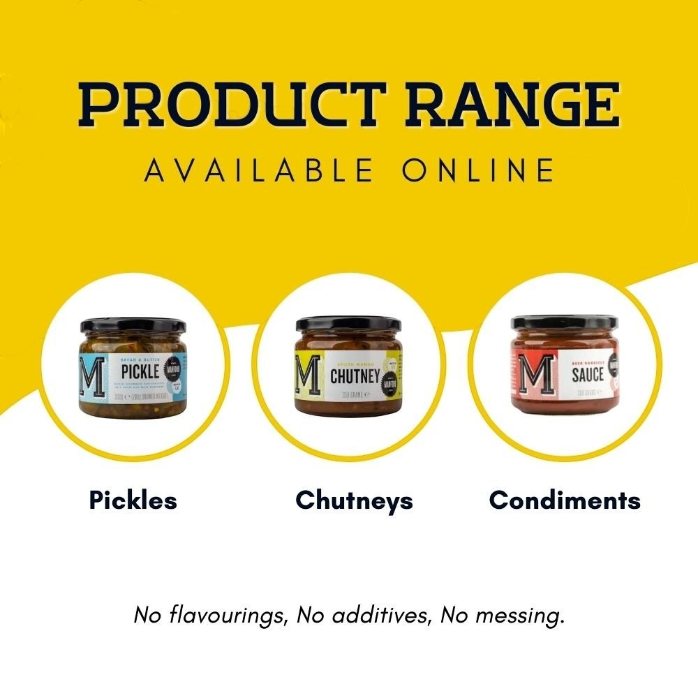 Manfood product range featuring jars of pickle, ale chutney, and barbecue sauce available online.