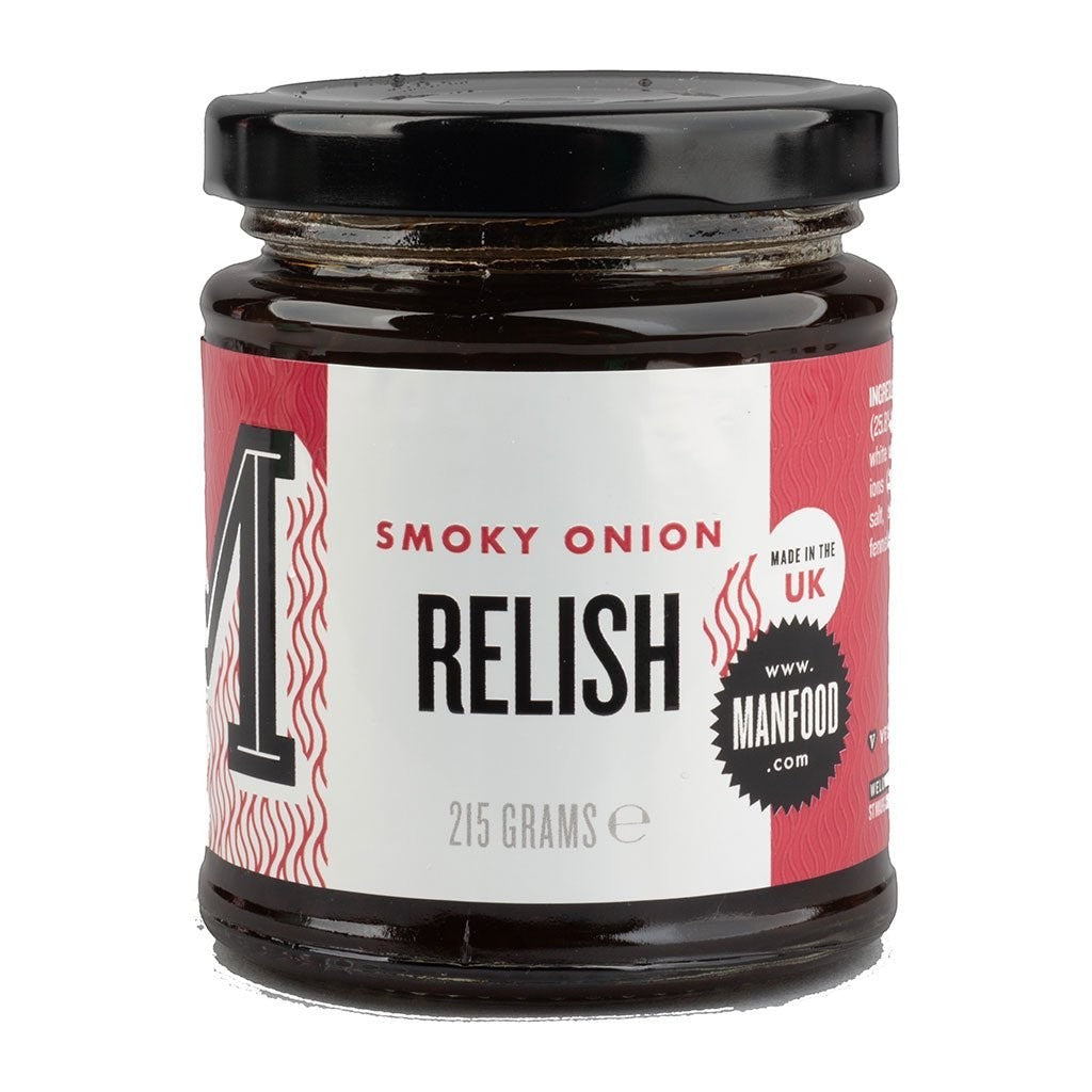 Manfood Smokey Onion Relish in a 215g glass jar with a bold red and white label.