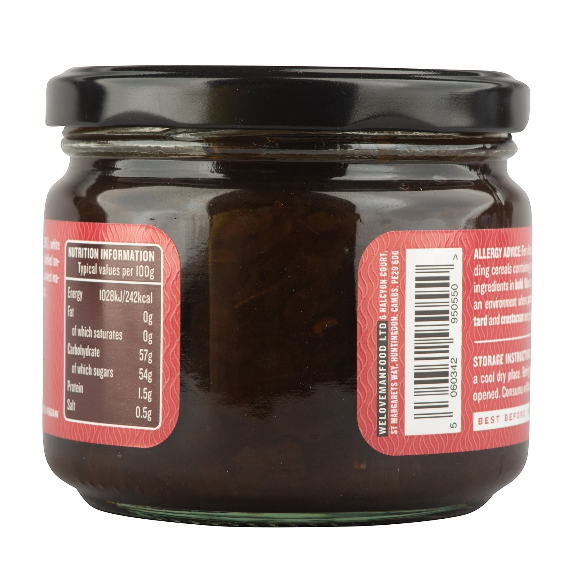 Manfood Smokey Onion Relish in a glass jar with a black lid and red nutrition information label