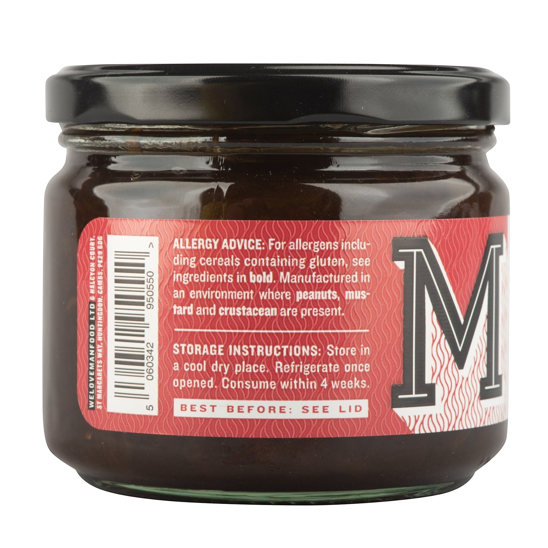 Manfood Smokey Onion Relish jar showing the red label with allergy advice and storage instructions
