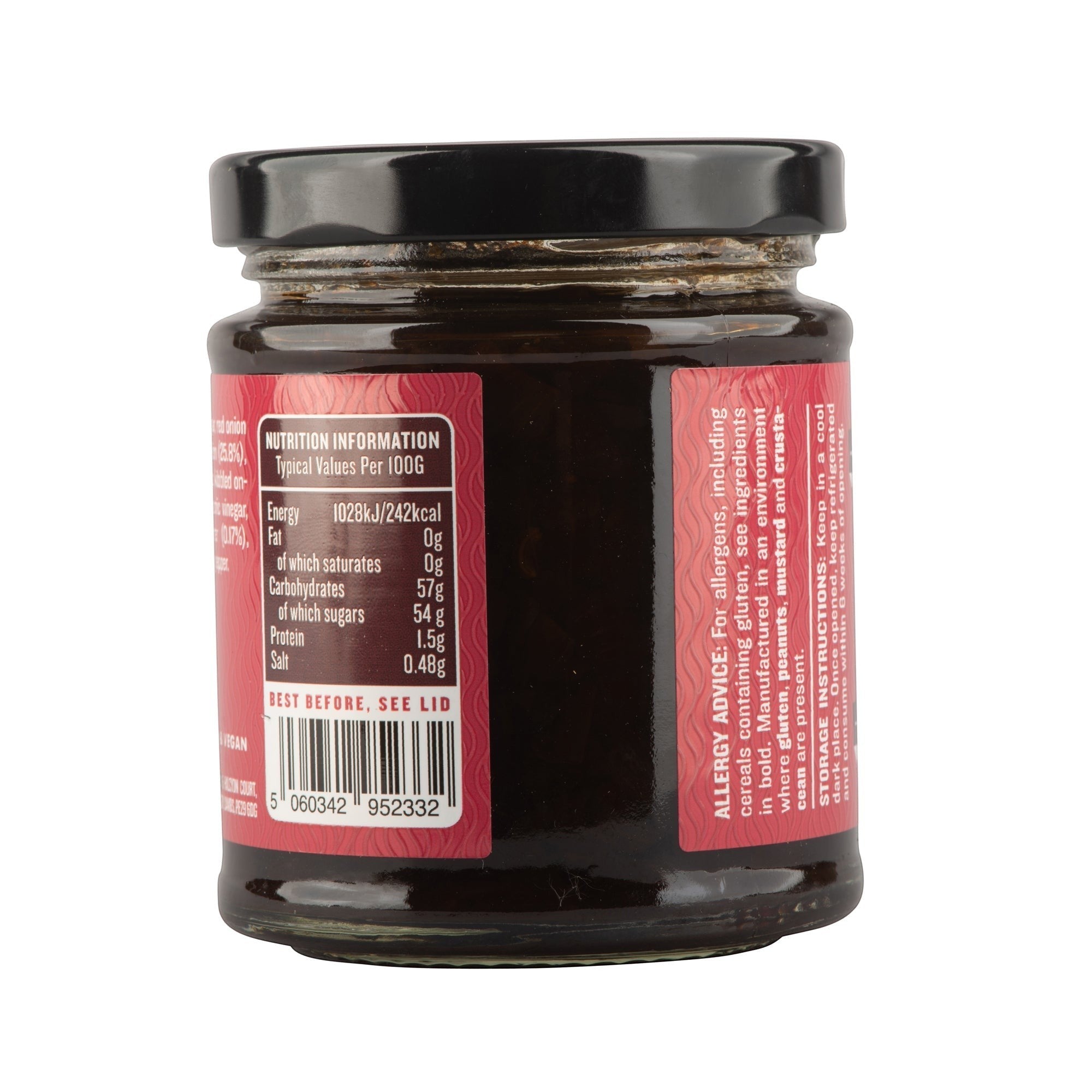 Manfood Smokey Onion Relish jar showing nutrition information label and barcode on a white background