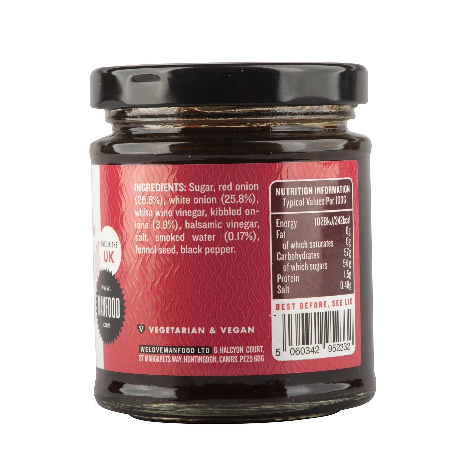 Manfood Smokey Onion Relish jar showing ingredients list and nutritional information on the back label