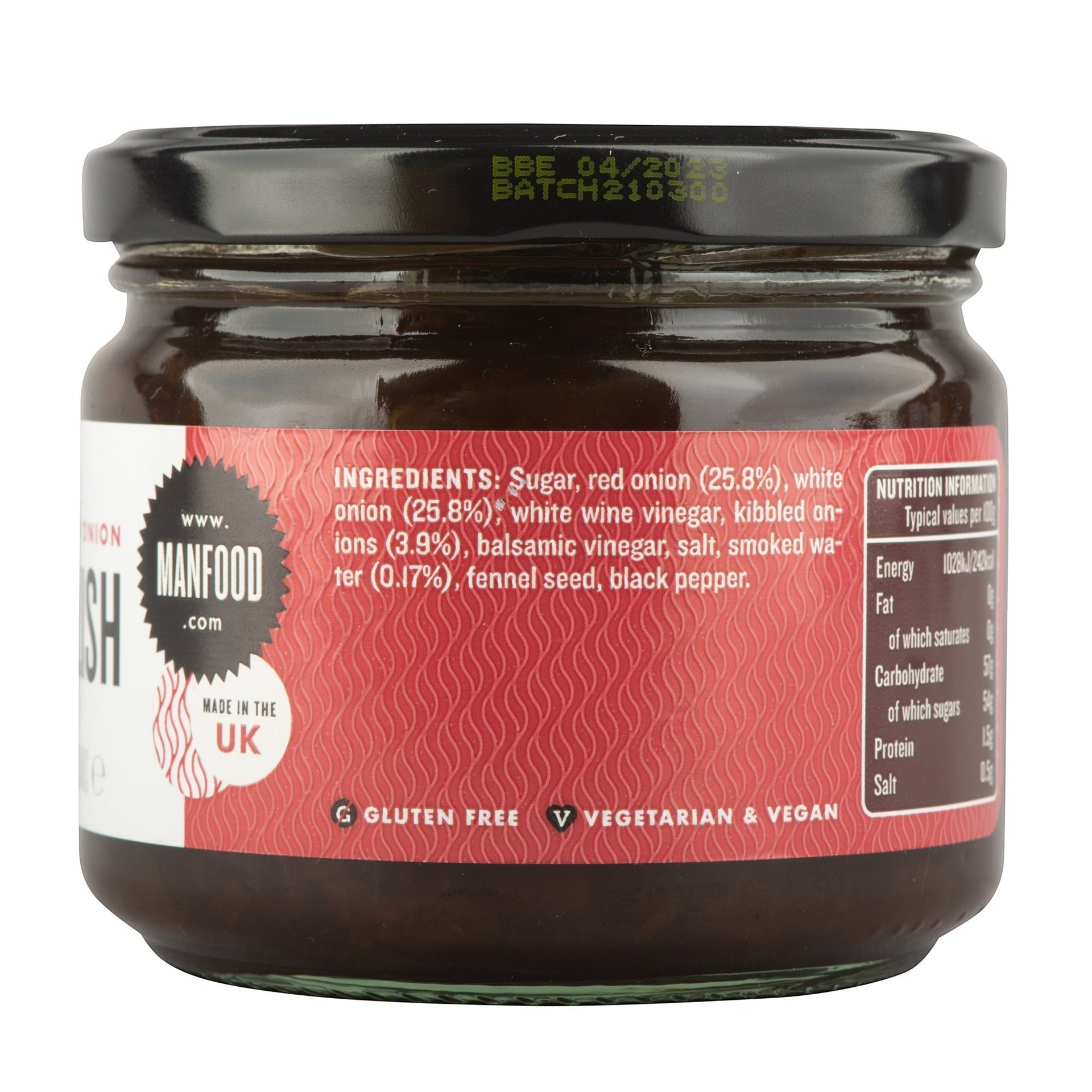Manfood Smokey Onion Relish jar showing ingredients list, nutritional information, and vegan certification.