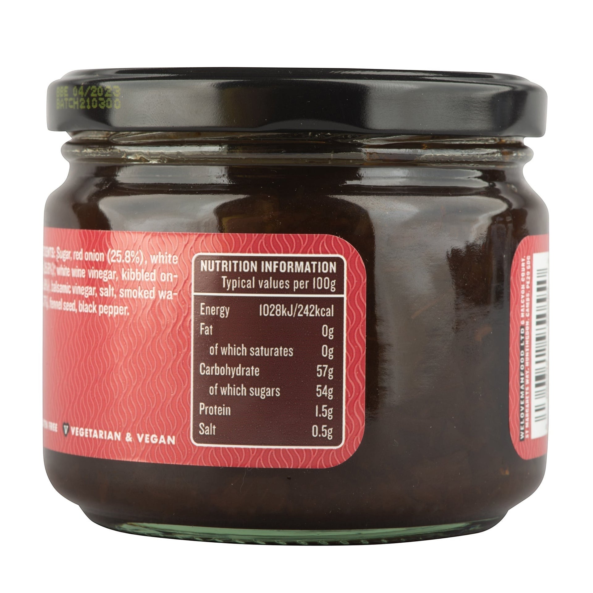 Manfood Smokey Onion Relish jar showing the nutrition information label and ingredients list on the side