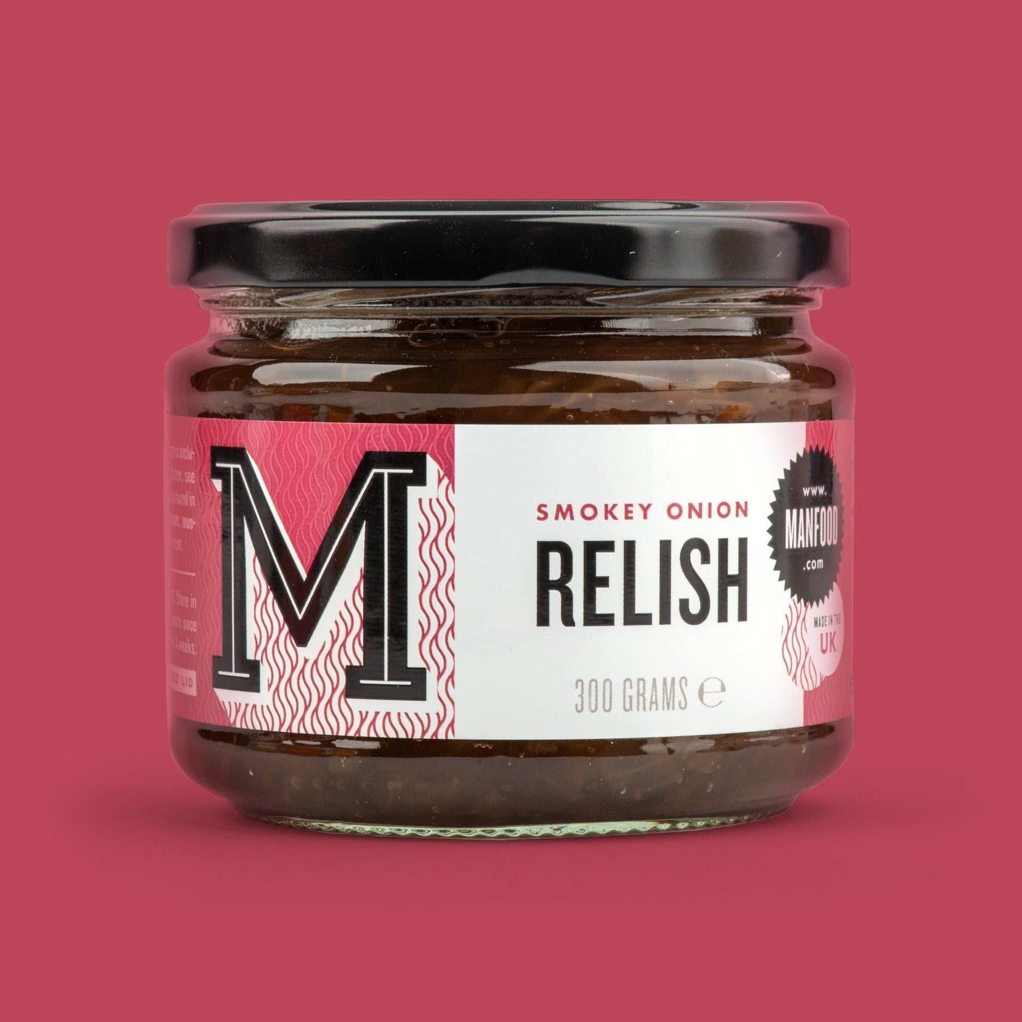 Manfood Smokey Onion Relish in a 300g glass jar with a bold red and white label against a pink background.