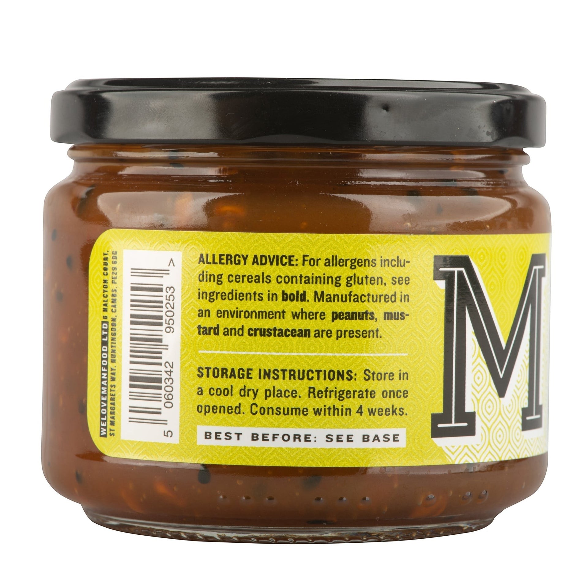 Manfood Spiced Mango Chutney jar with yellow label showing allergy advice and storage instructions