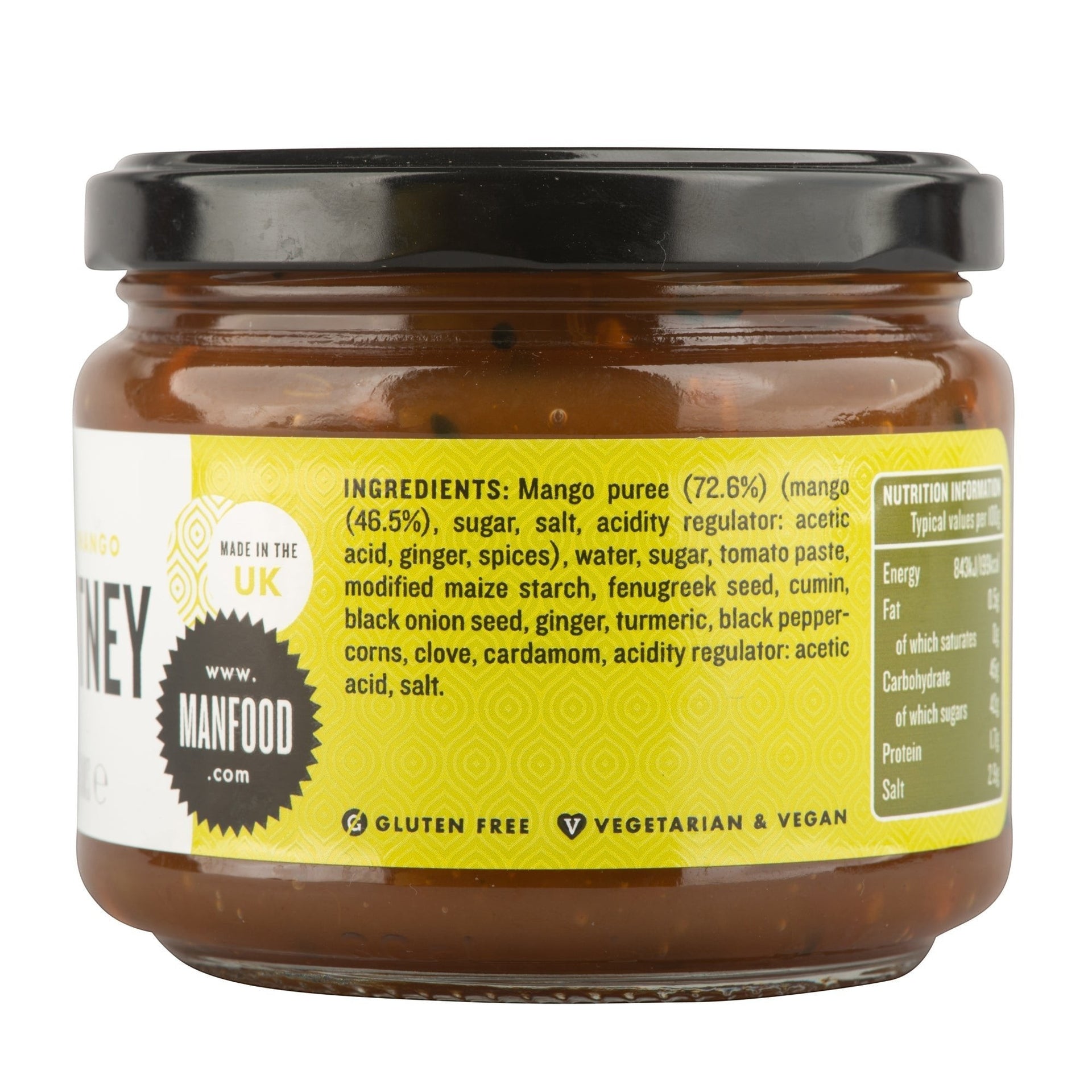 Manfood Spiced Mango Chutney in a glass jar with a yellow label showing ingredients and nutritional info