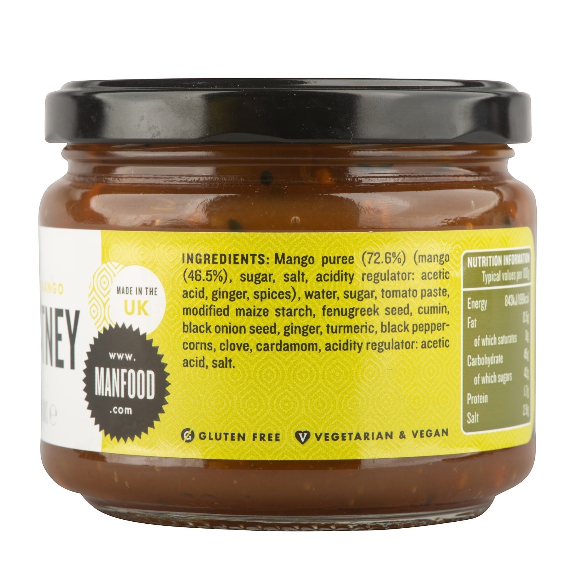 Manfood Spiced Mango Chutney in a glass jar with a yellow label showing ingredients and nutritional info