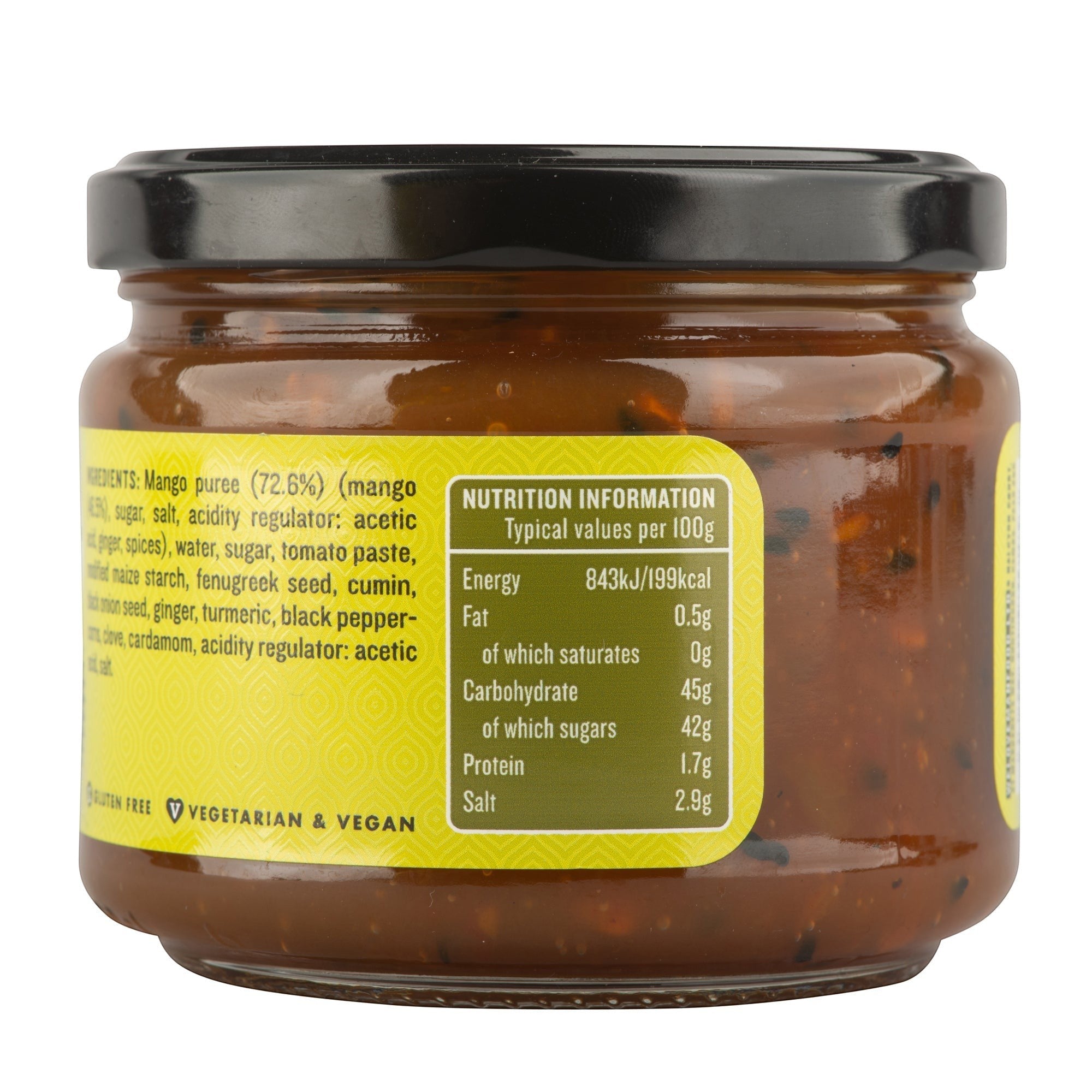 Manfood spiced mango chutney jar with visible nutritional information and ingredient label
