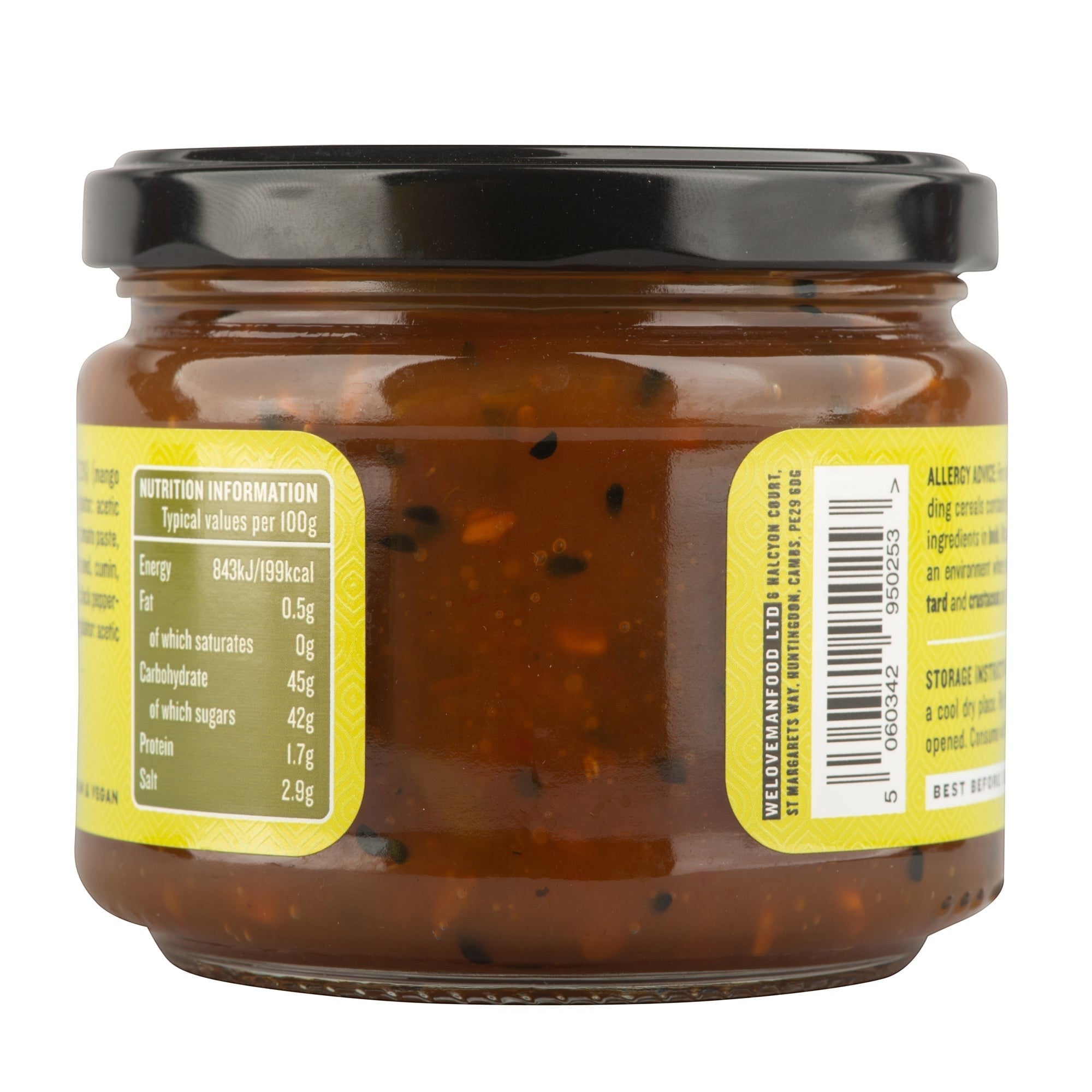 Manfood spiced mango chutney in a glass jar with visible chunky mango pieces and black onion seeds