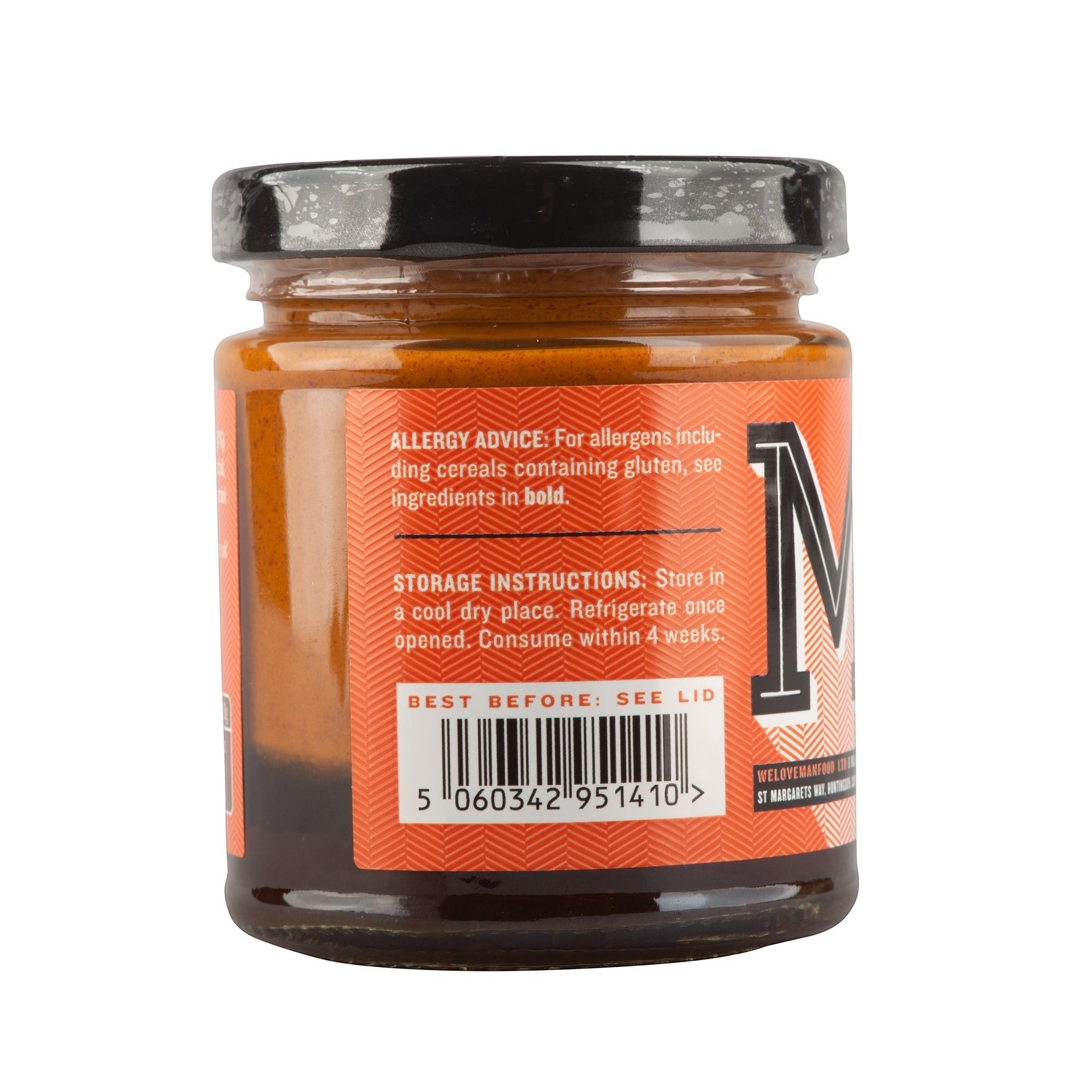 Manfood  vegan buffalo sauce jar with orange label showing ingredients and storage instructions
